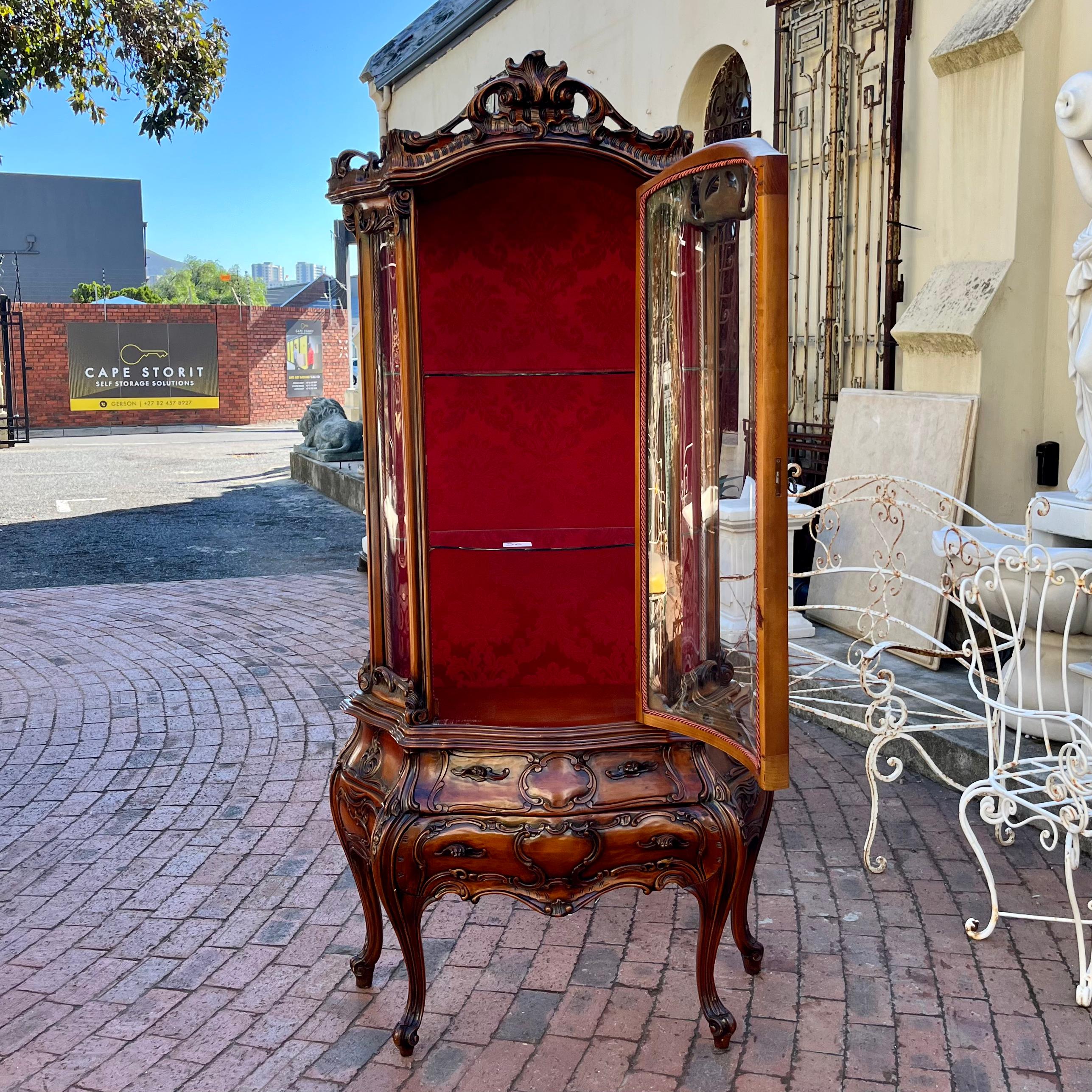 Tall Rococo Revival Display Cabinet with Red Damask Interior, c. Early 20th Century