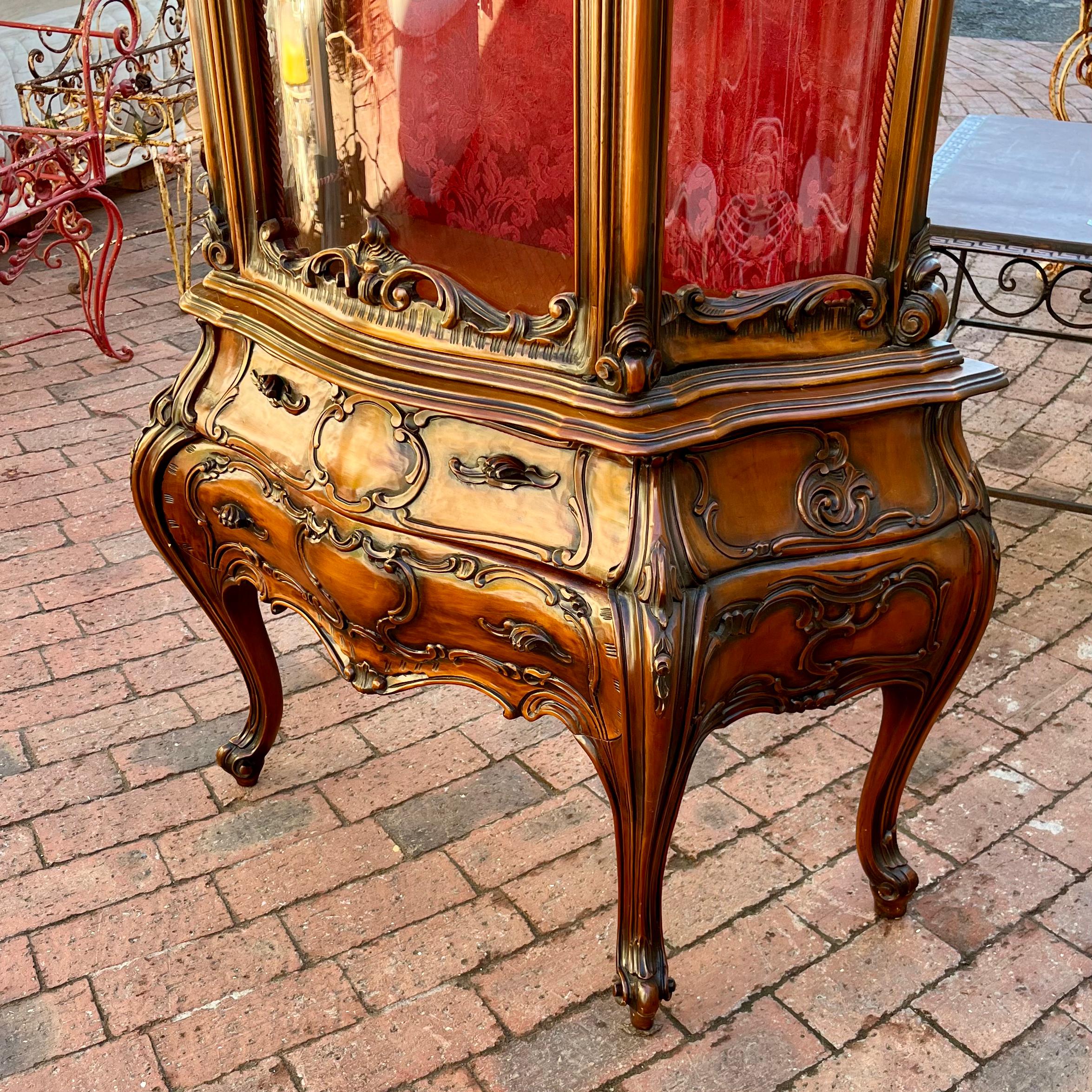 Tall Rococo Revival Display Cabinet with Red Damask Interior, c. Early 20th Century