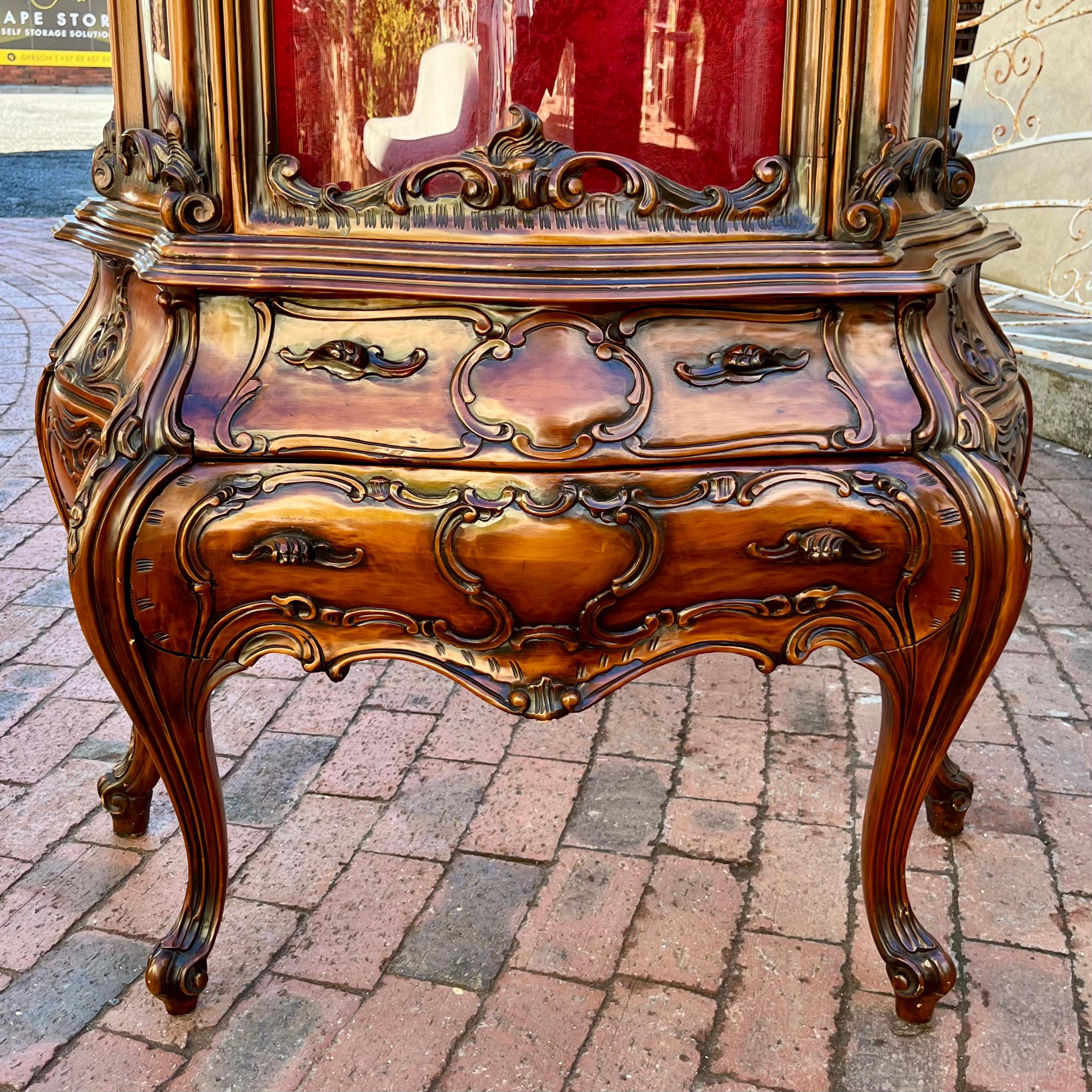 Tall Rococo Revival Display Cabinet with Red Damask Interior, c. Early 20th Century