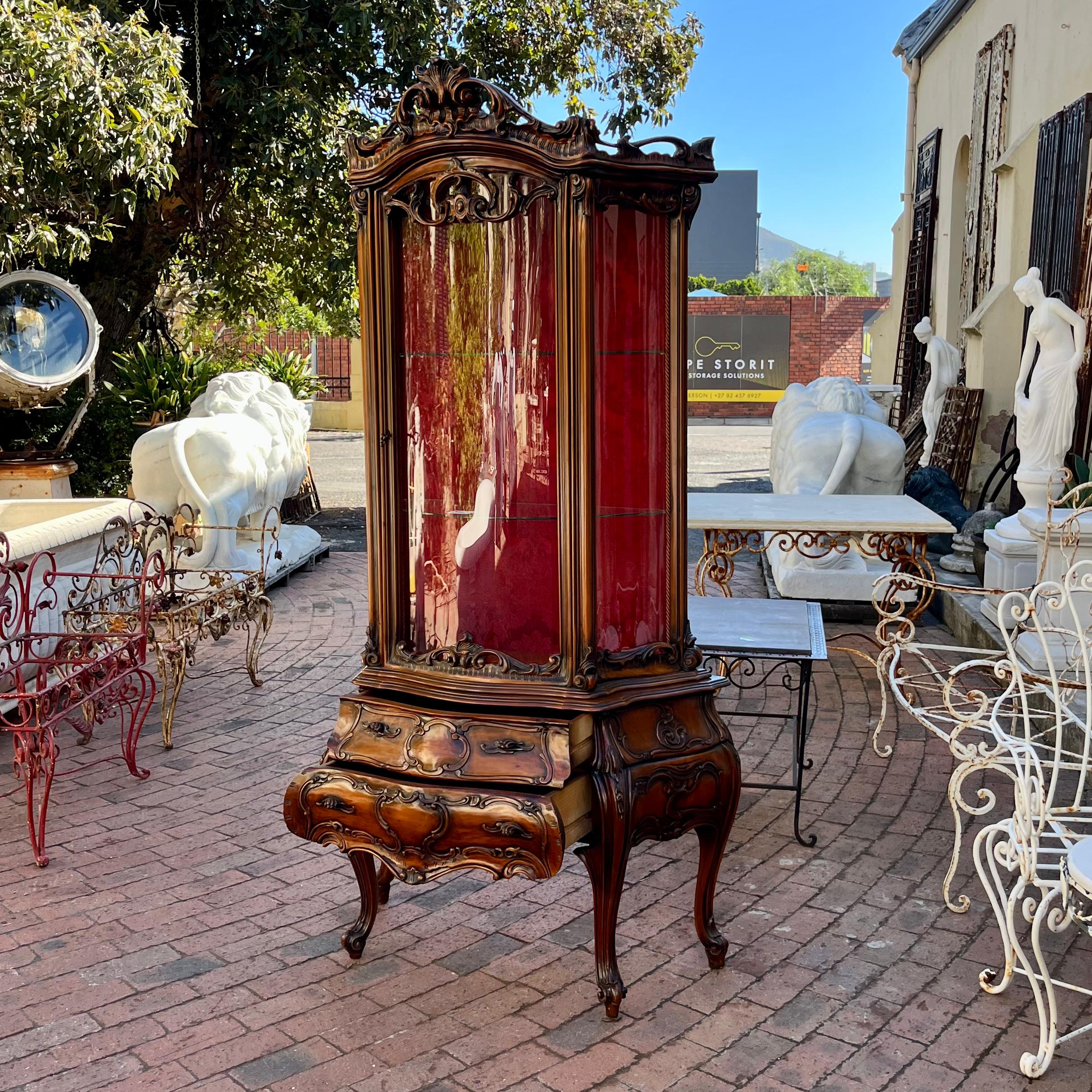 Tall Rococo Revival Display Cabinet with Red Damask Interior, c. Early 20th Century