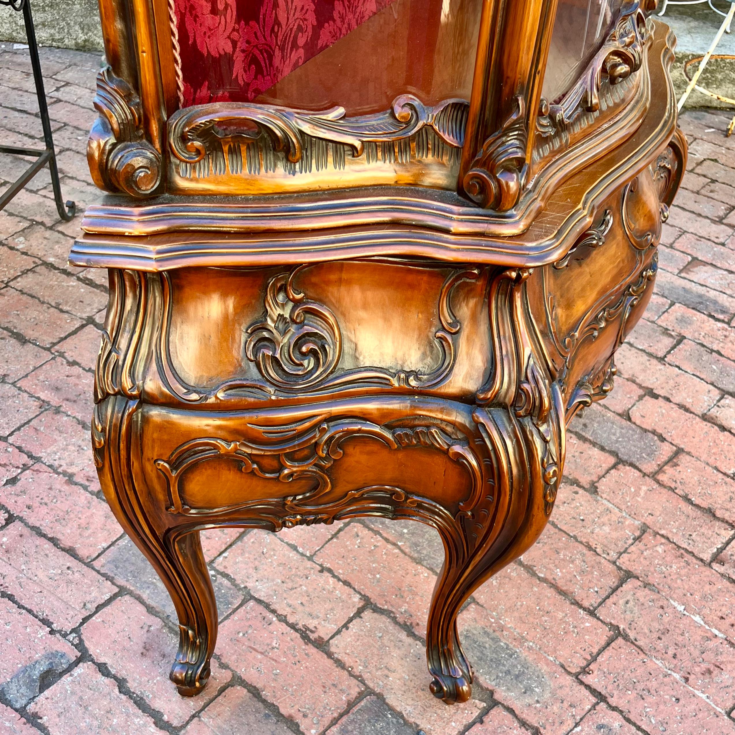 Tall Rococo Revival Display Cabinet with Red Damask Interior, c. Early 20th Century