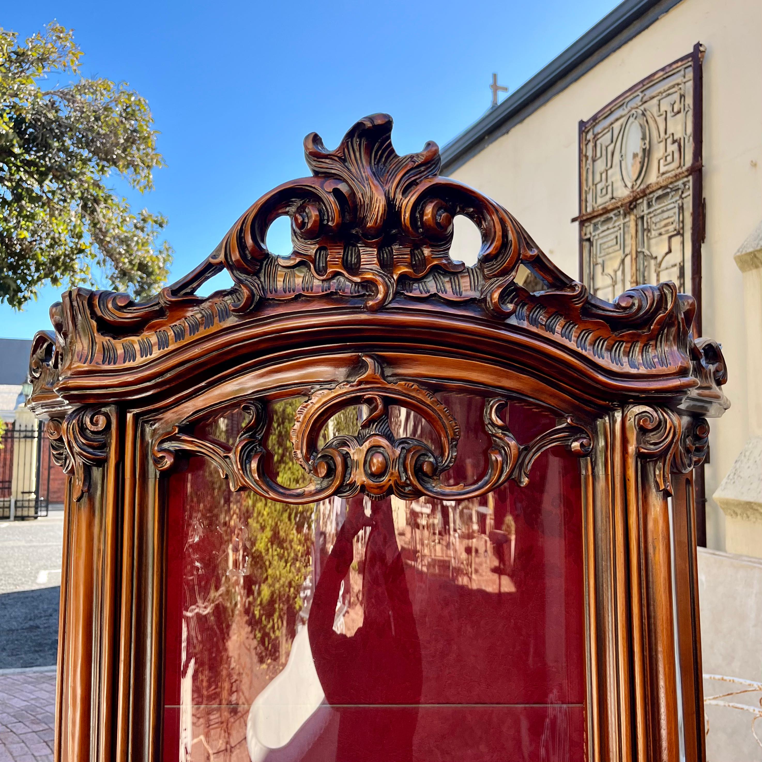 Tall Rococo Revival Display Cabinet with Red Damask Interior, c. Early 20th Century