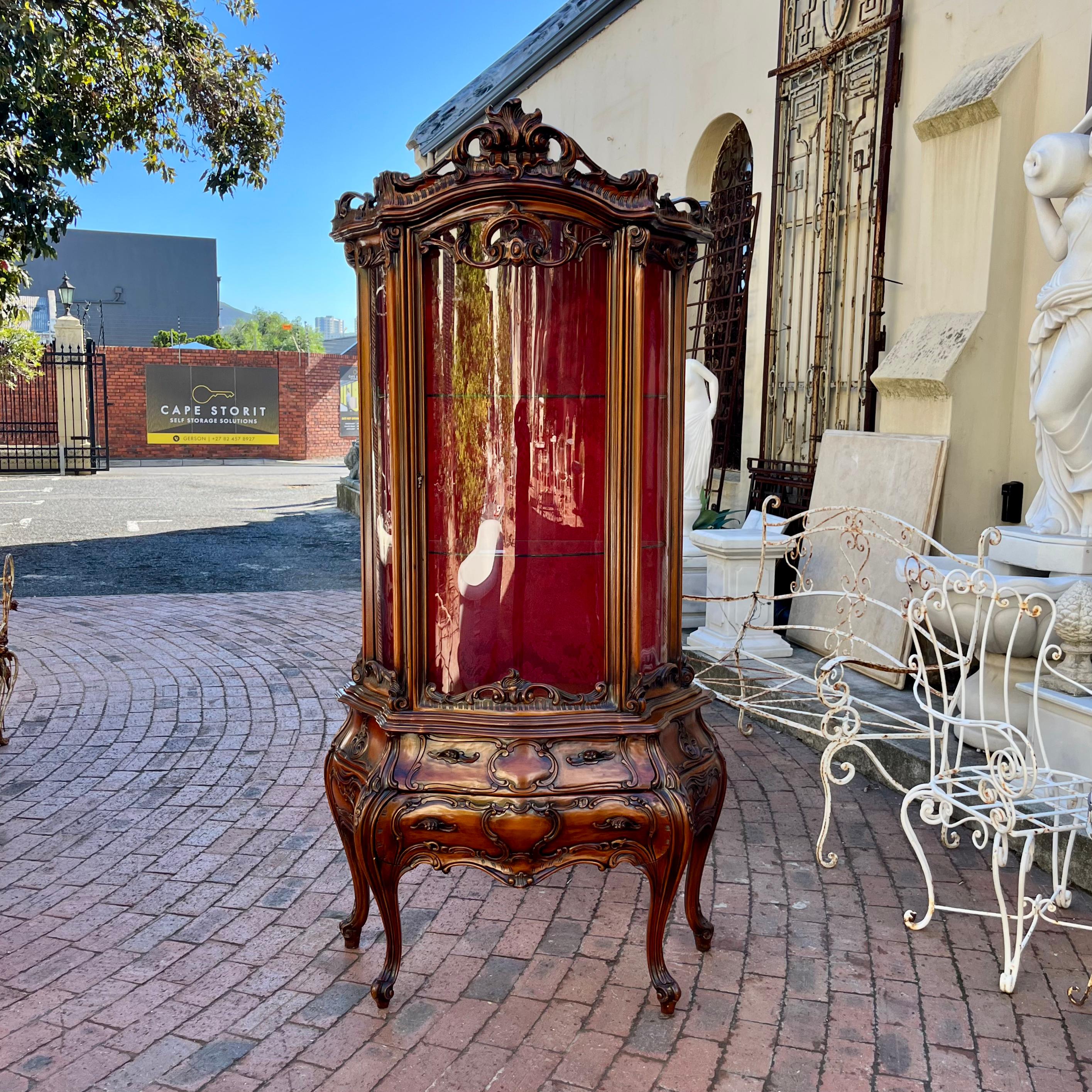 Tall Rococo Revival Display Cabinet with Red Damask Interior, c. Early 20th Century