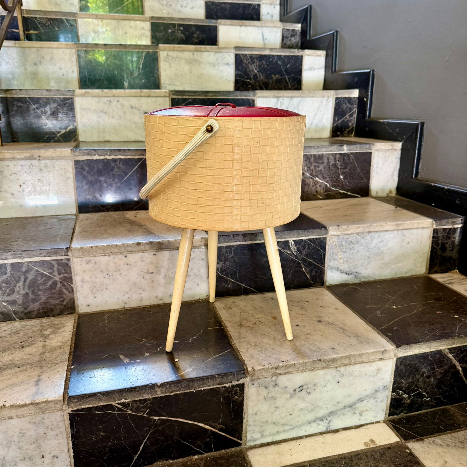Mid-Century Woven Sewing Box with Red Vinyl Lid, European, c.1960s