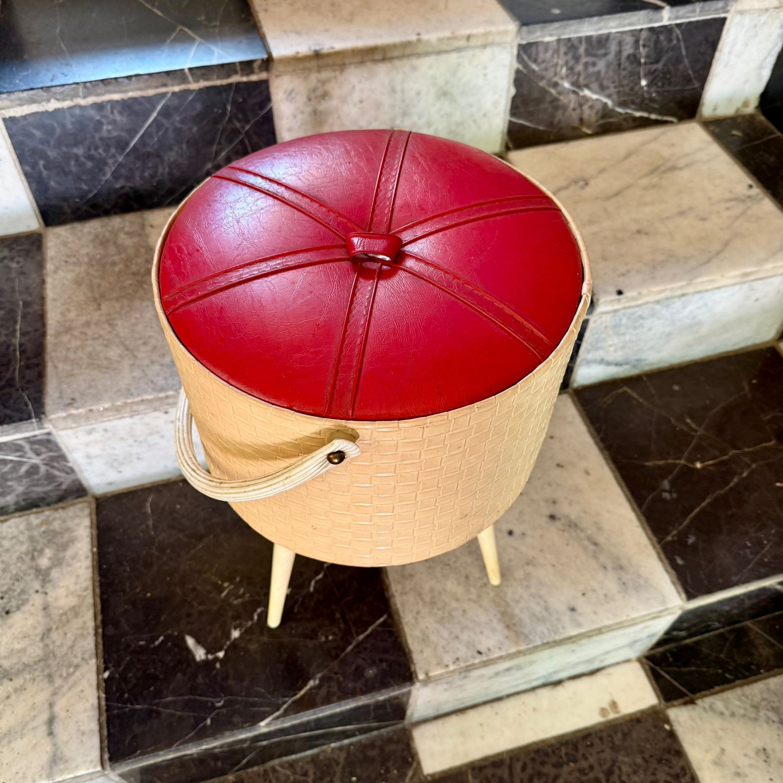 Mid-Century Woven Sewing Box with Red Vinyl Lid, European, c.1960s