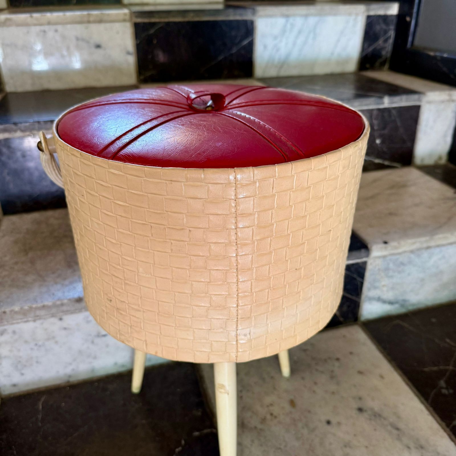 Mid-Century Woven Sewing Box with Red Vinyl Lid, European, c.1960s
