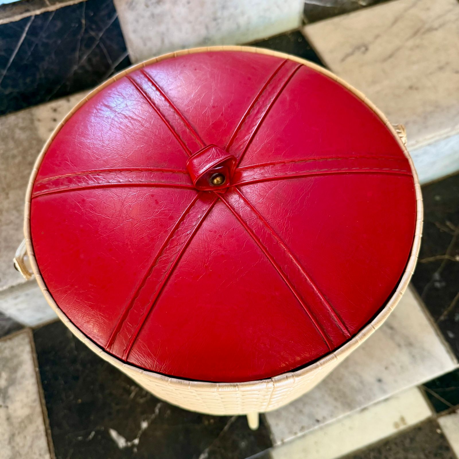Mid-Century Woven Sewing Box with Red Vinyl Lid, European, c.1960s
