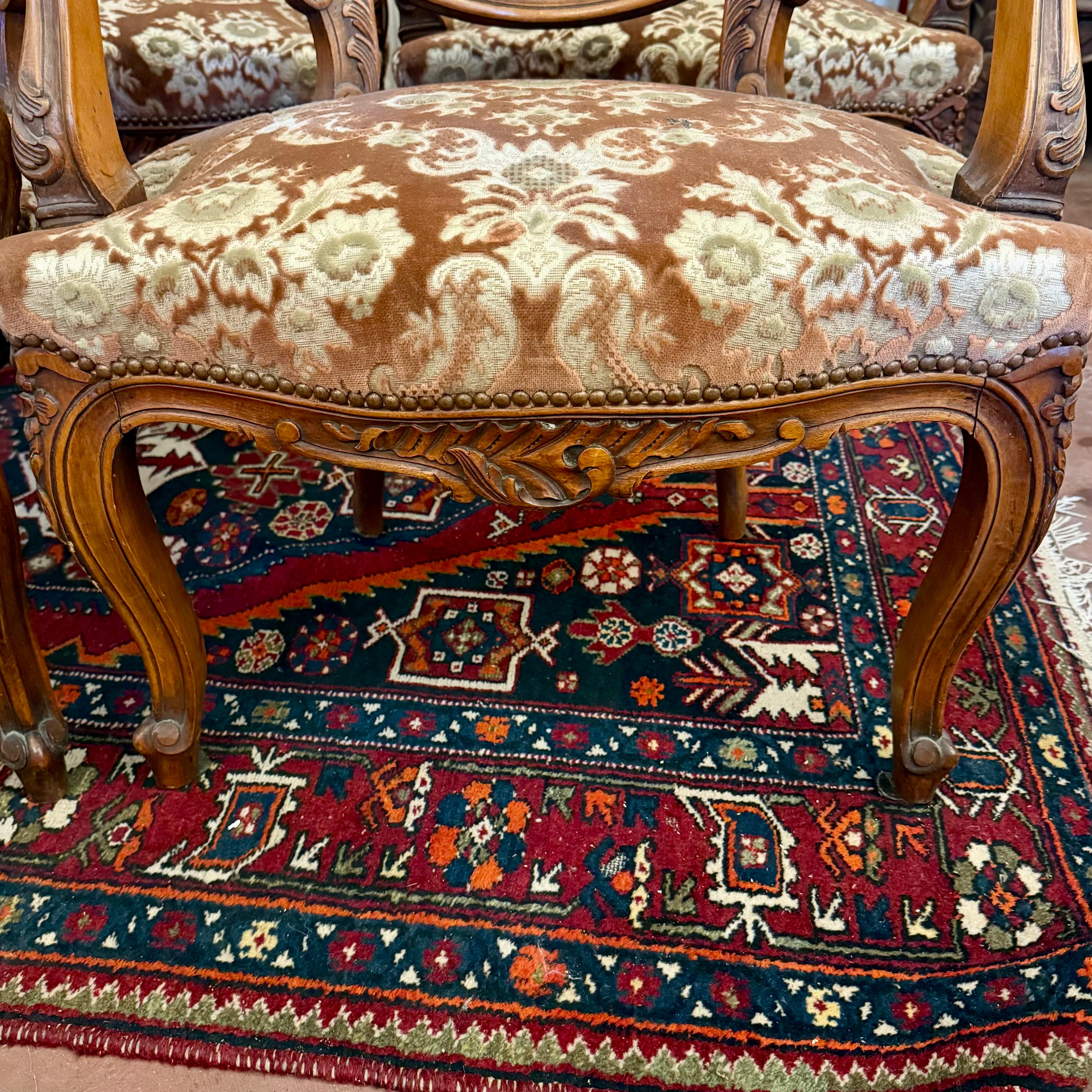Set of Six Louis XV Style Walnut Armchairs, French, Late 19th Century