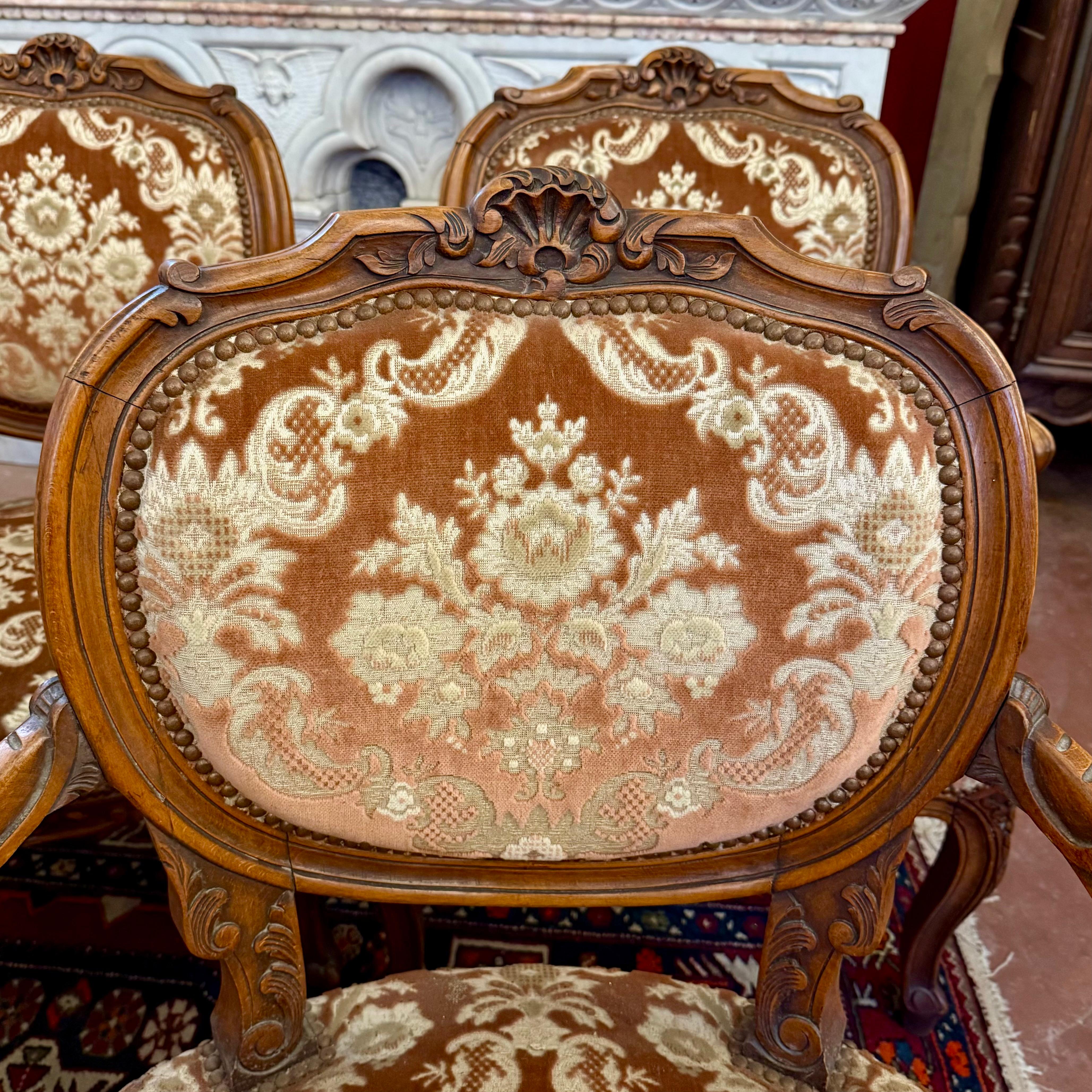 Set of Six Louis XV Style Walnut Armchairs, French, Late 19th Century