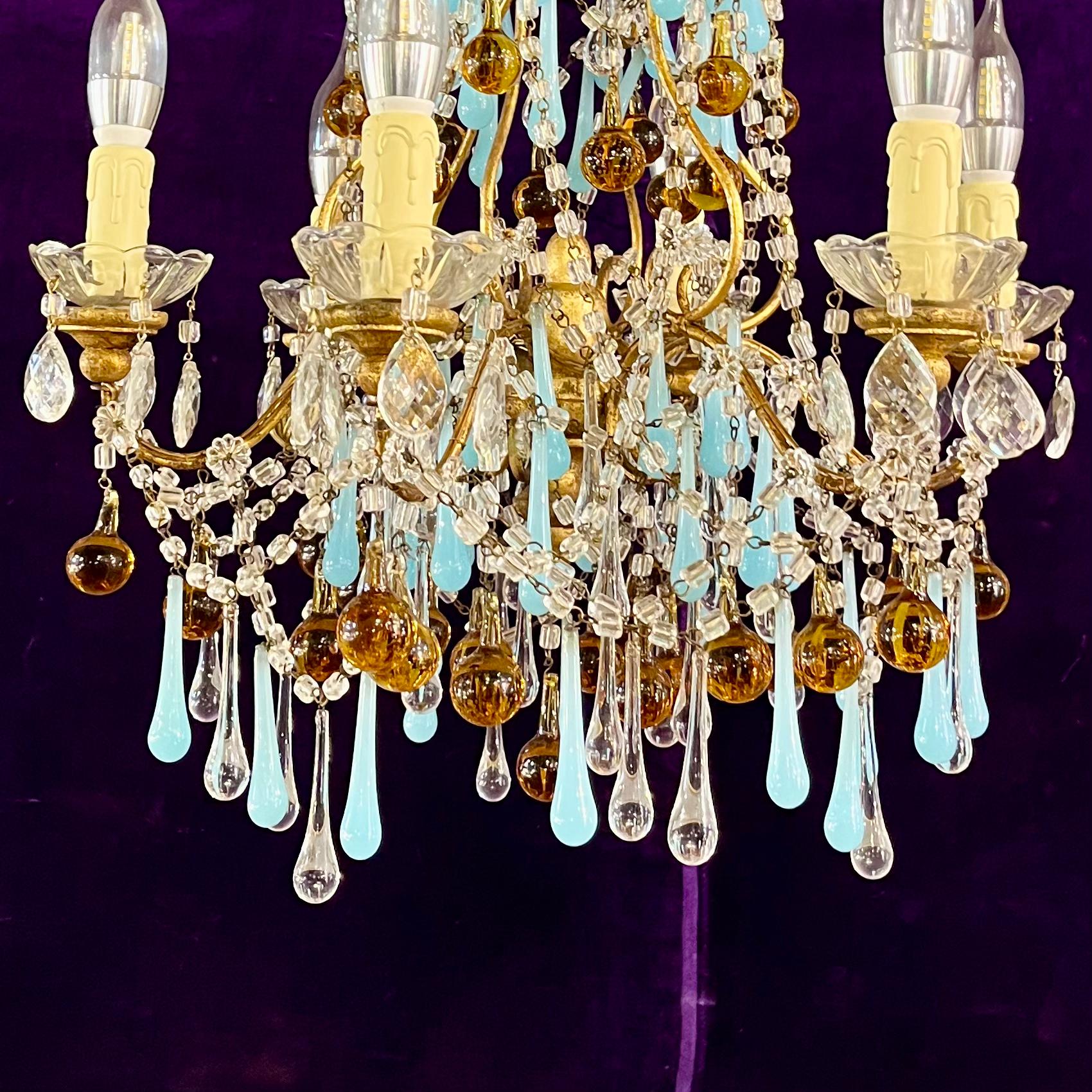 Murano Glass Chandelier with Opaline and Amber Drops, c.1950s–60s