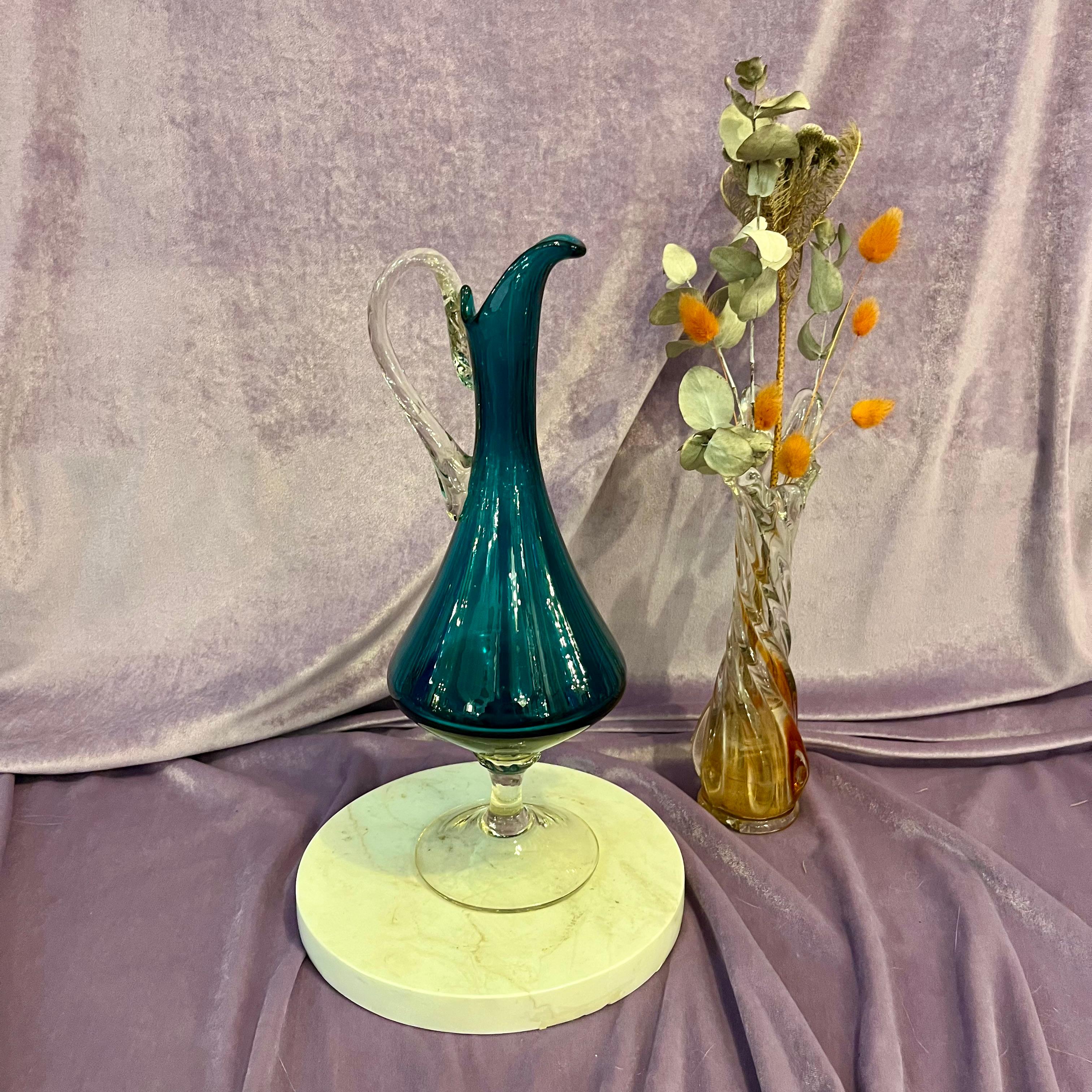 Sweet Vintage Teal Glass Water Pitcher