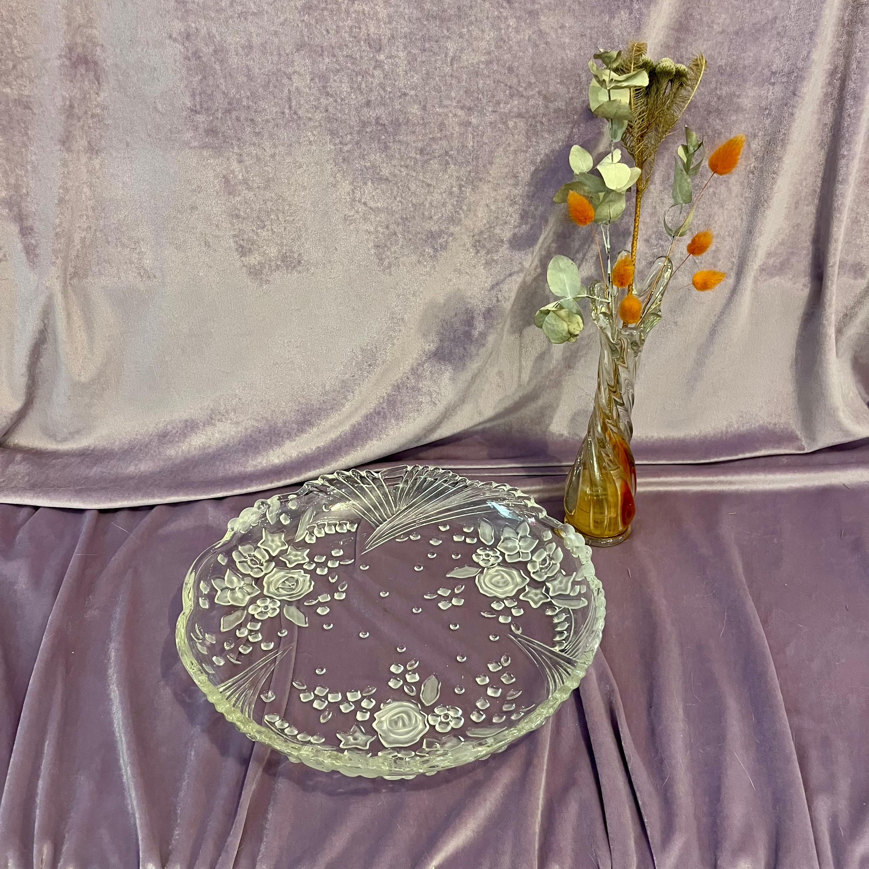 Vintage Pressed Glass Serving Platter with Frosted Floral Fan Motif