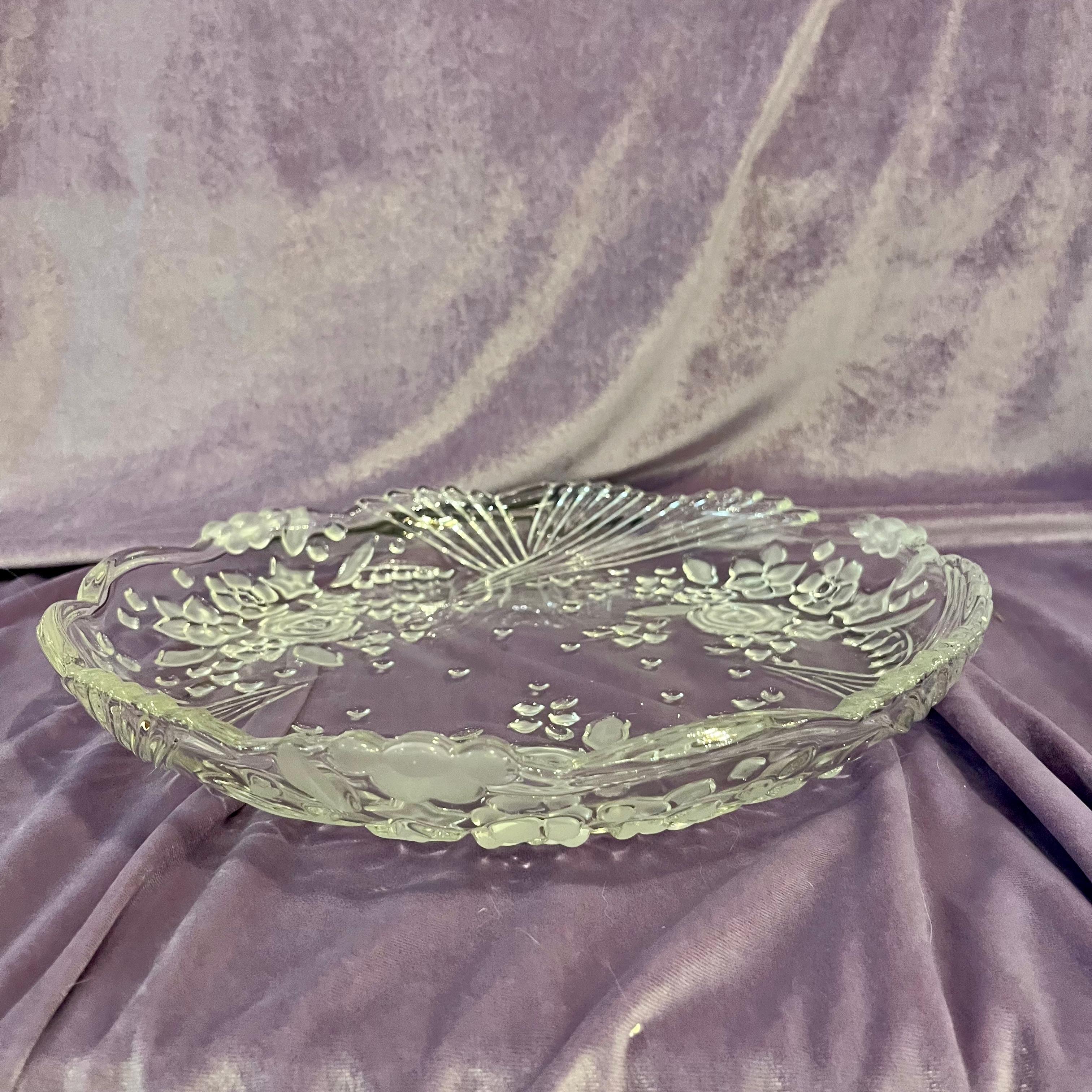Vintage Pressed Glass Serving Platter with Frosted Floral Fan Motif