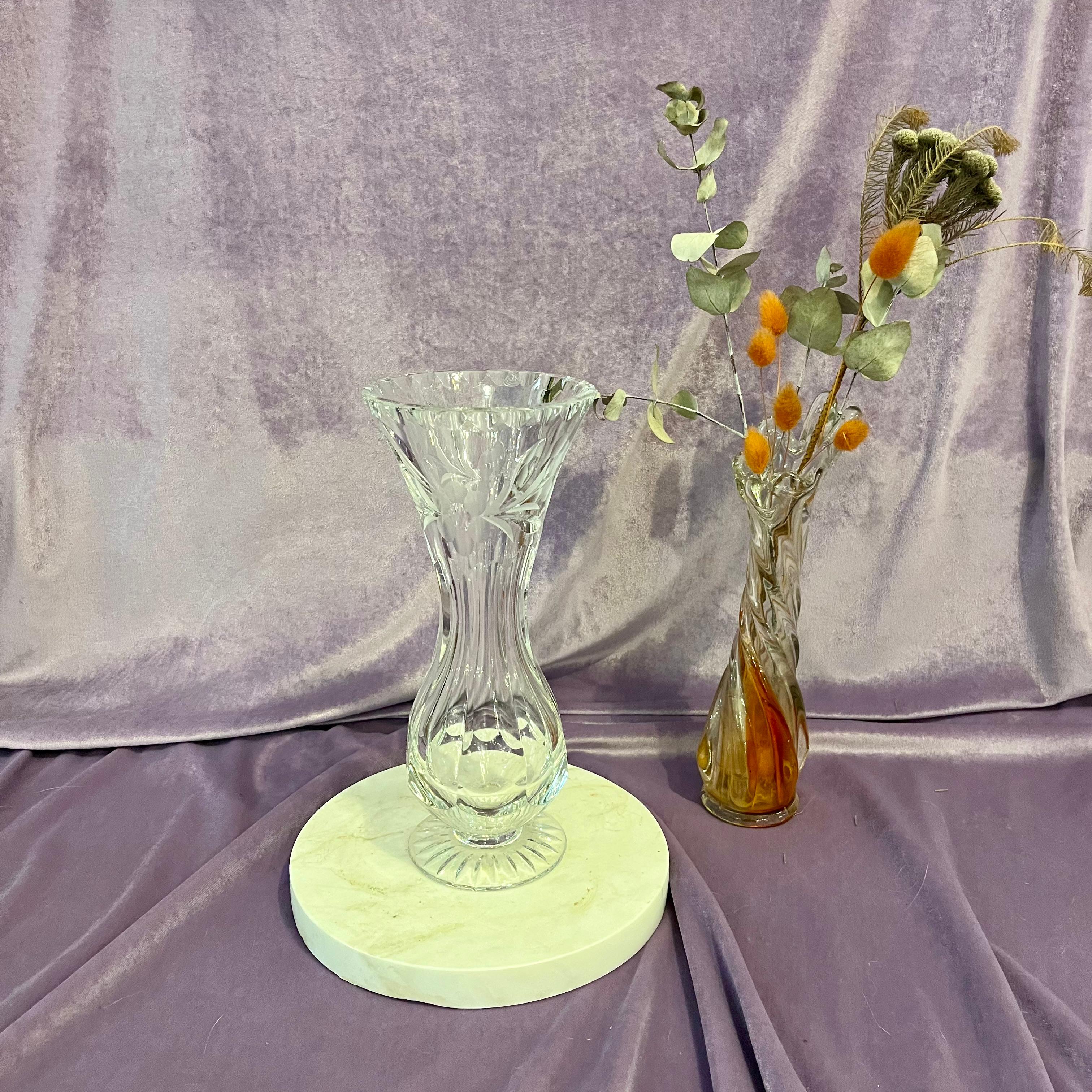 Vintage Cut Crystal Vase with Etched Floral Design
