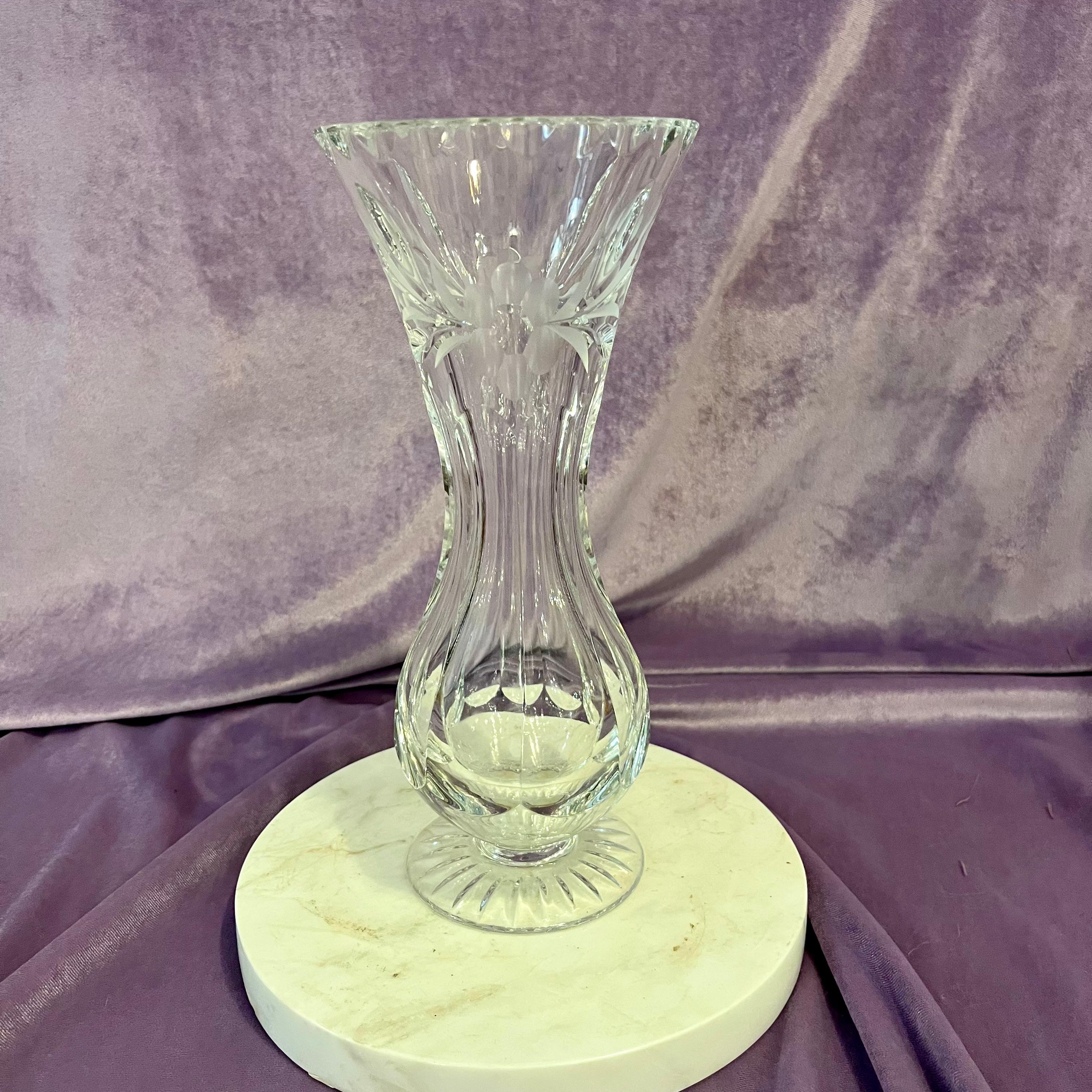 Vintage Cut Crystal Vase with Etched Floral Design