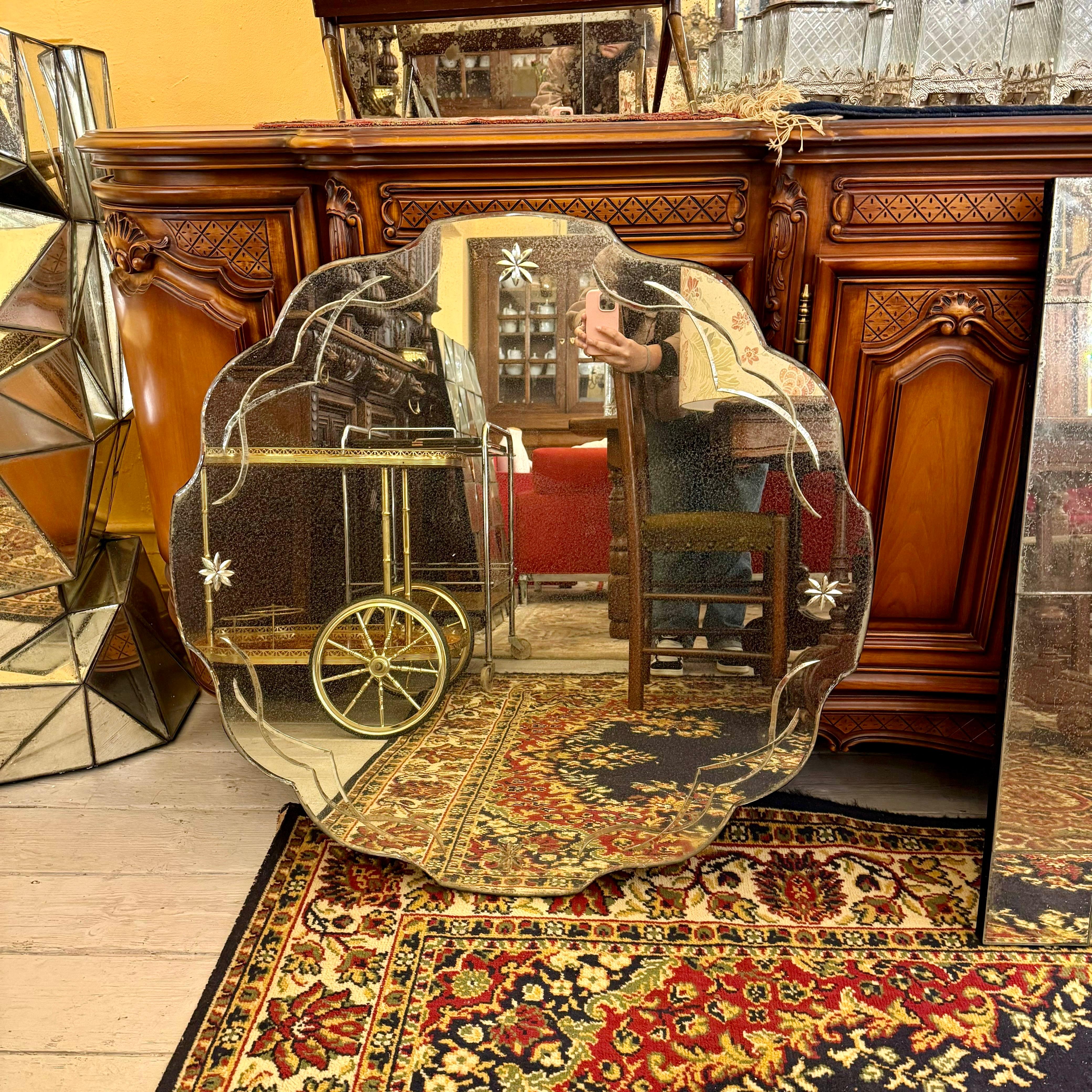 Aged Venetian Scalloped Edge Mirror with Floral Etching