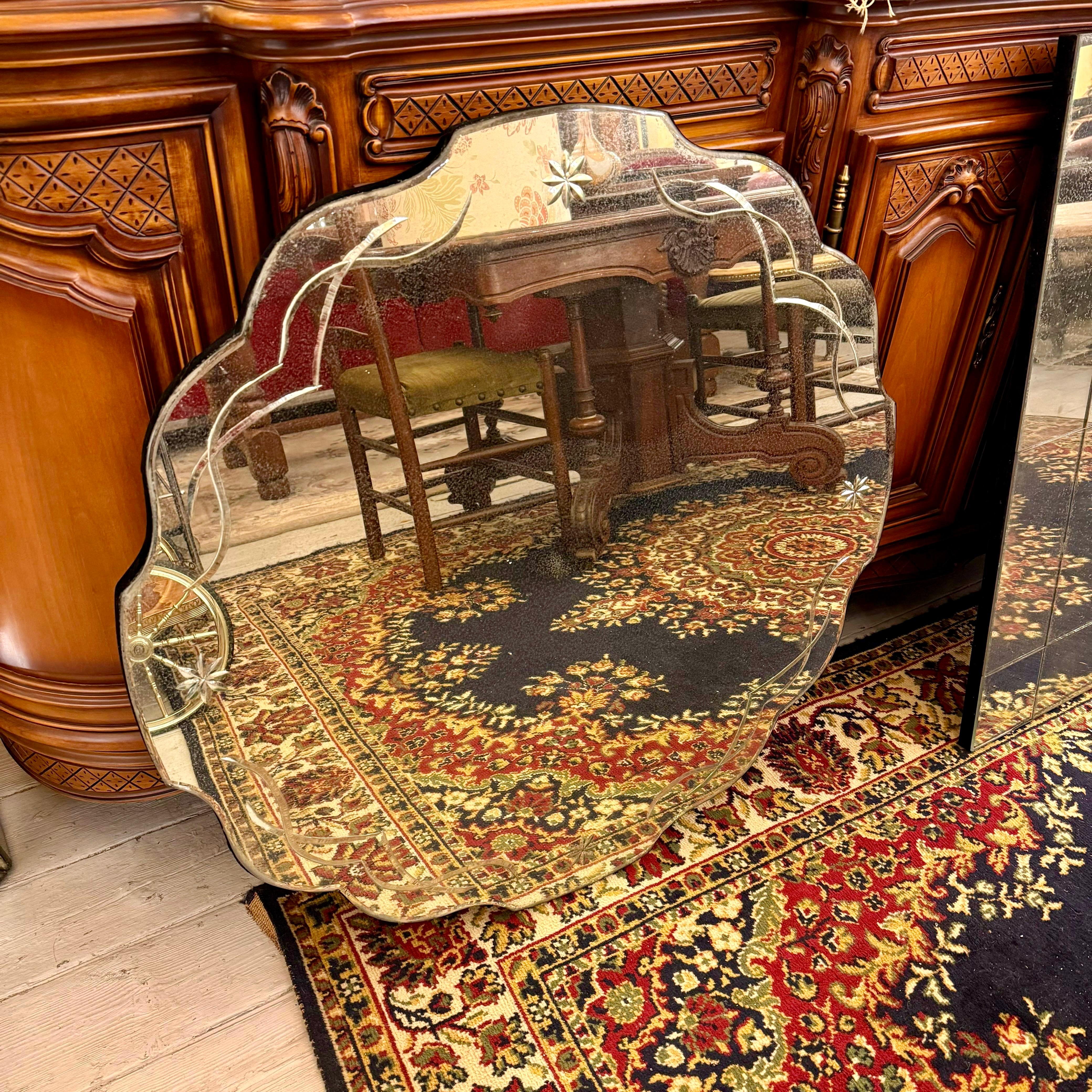 Aged Venetian Scalloped Edge Mirror with Floral Etching