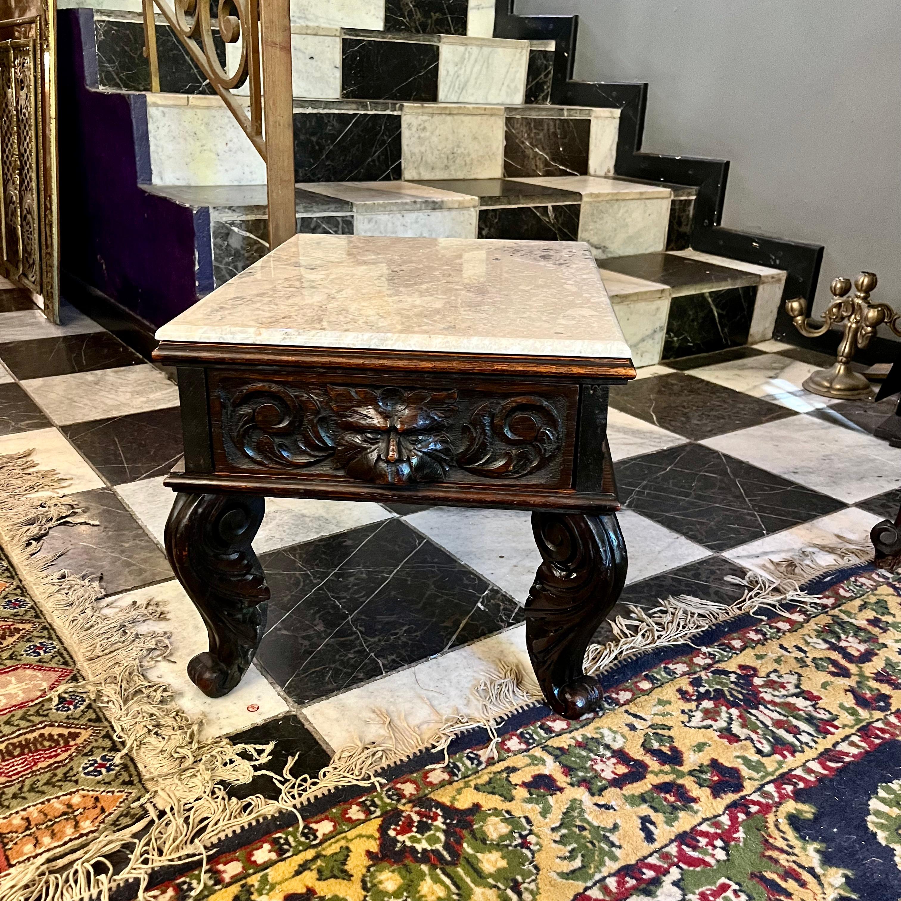 Antique Breton Dark Oak Pedestal with Drawer and White Marble Top
