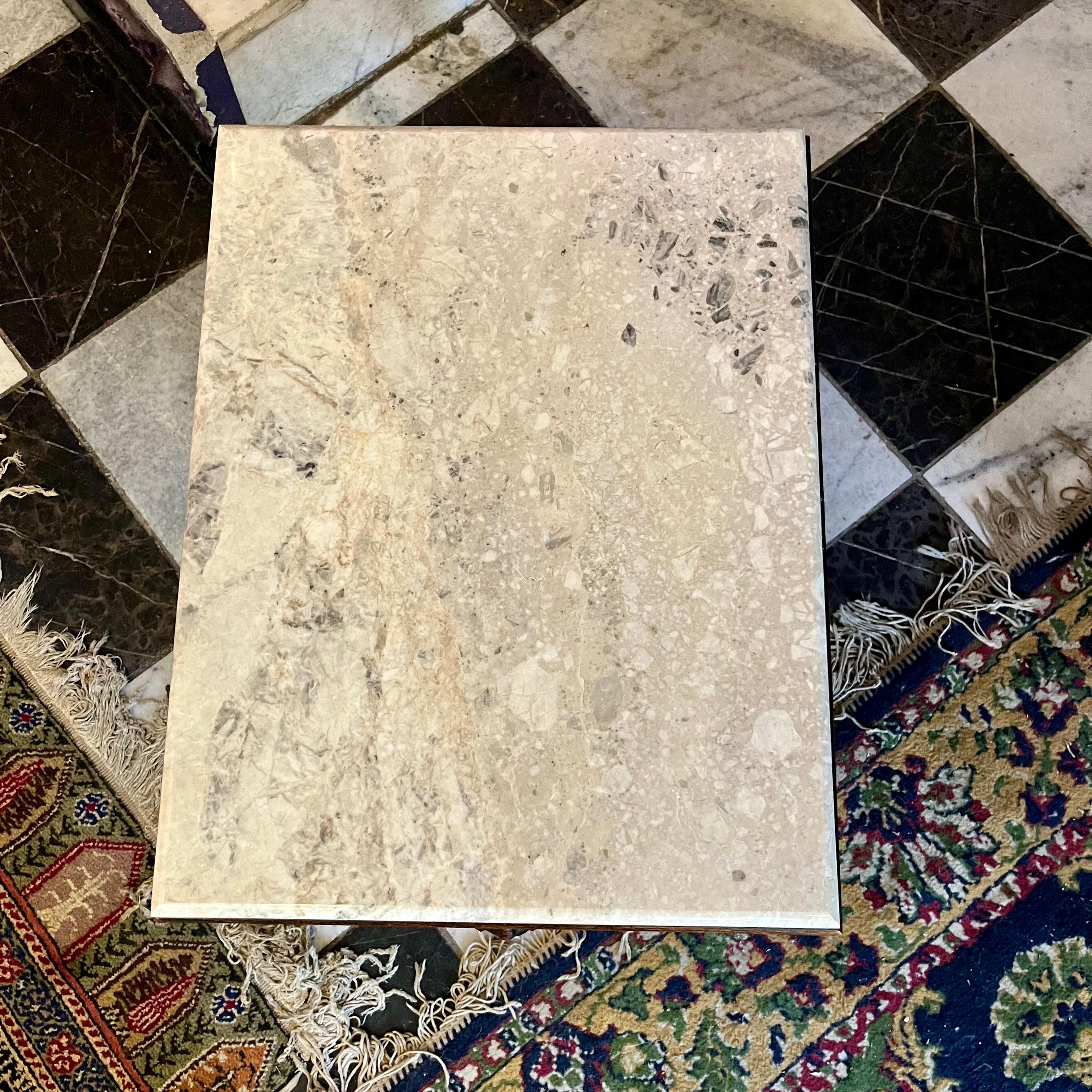 Antique Breton Dark Oak Pedestal with Drawer and White Marble Top