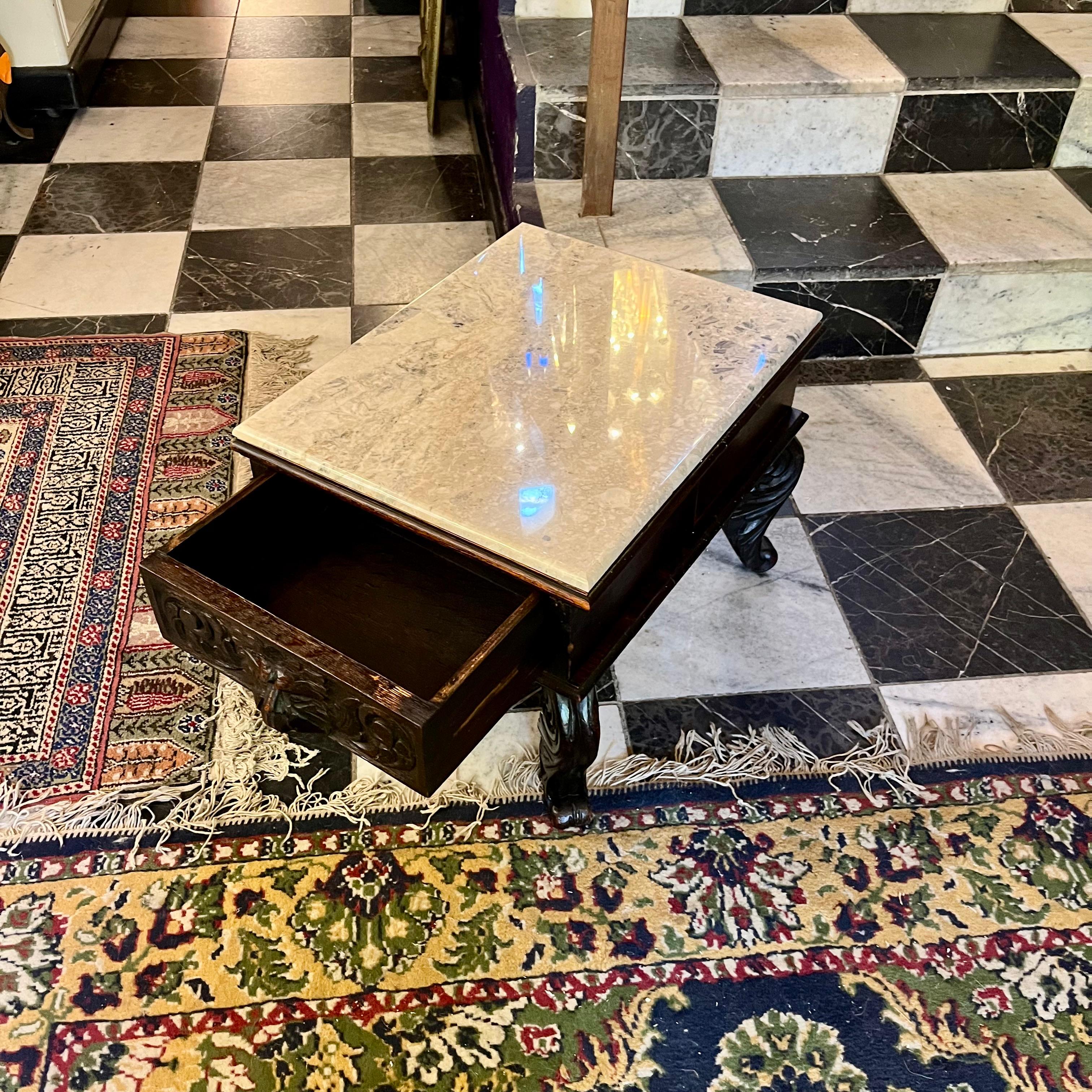 Antique Breton Dark Oak Pedestal with Drawer and White Marble Top