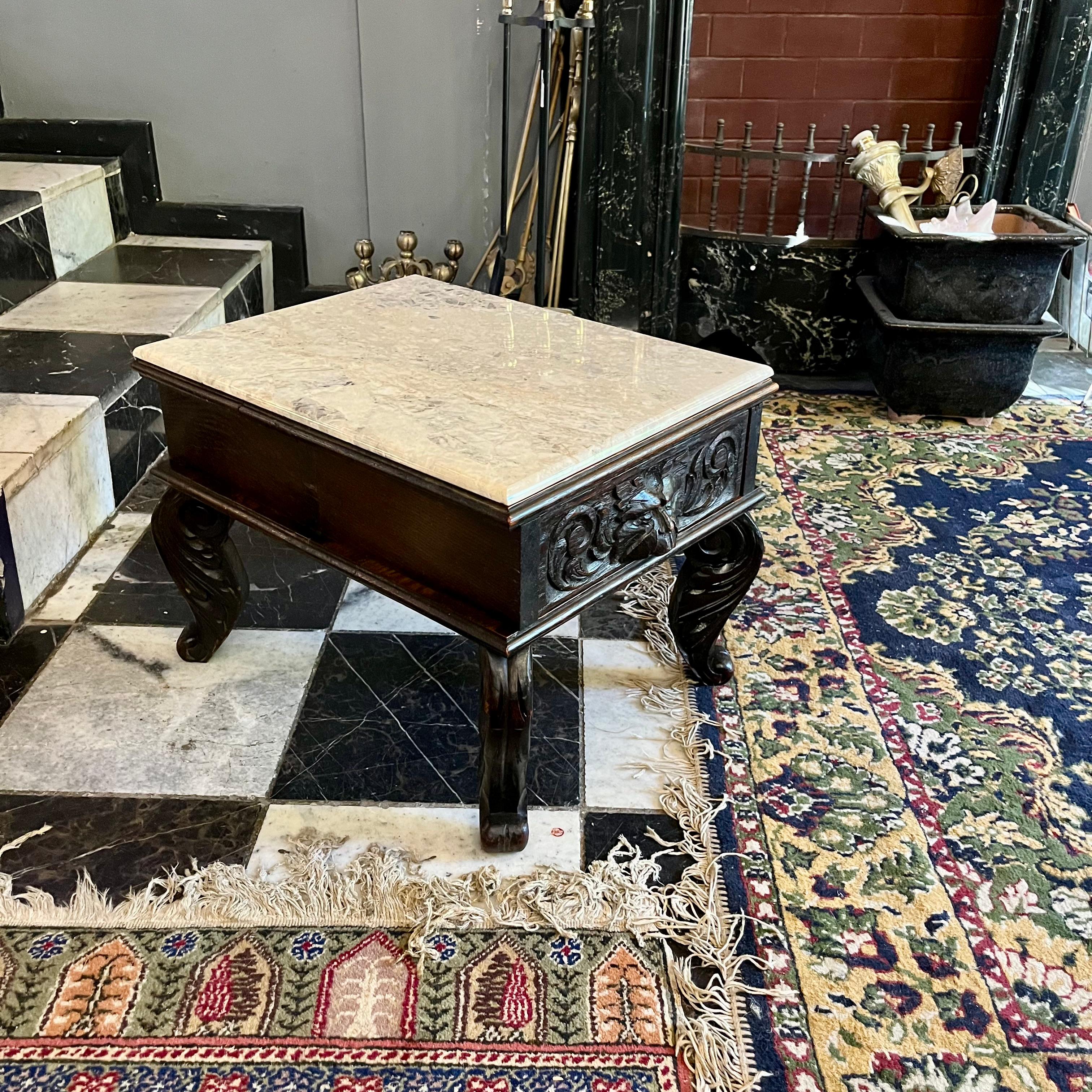 Antique Breton Dark Oak Pedestal with Drawer and White Marble Top