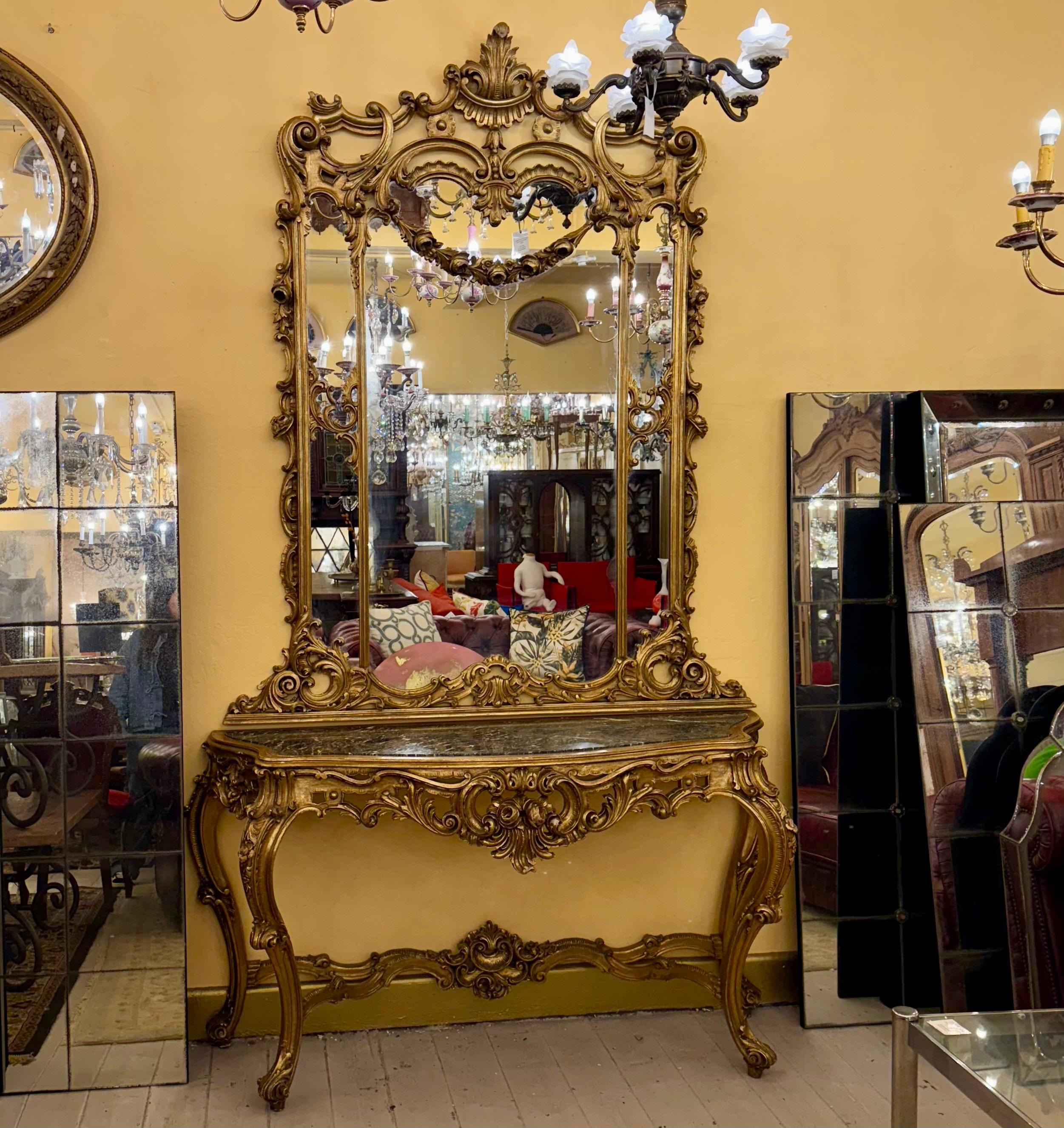 Antique Gilded Rococo Mirror & Marble Topped Console, c.1900