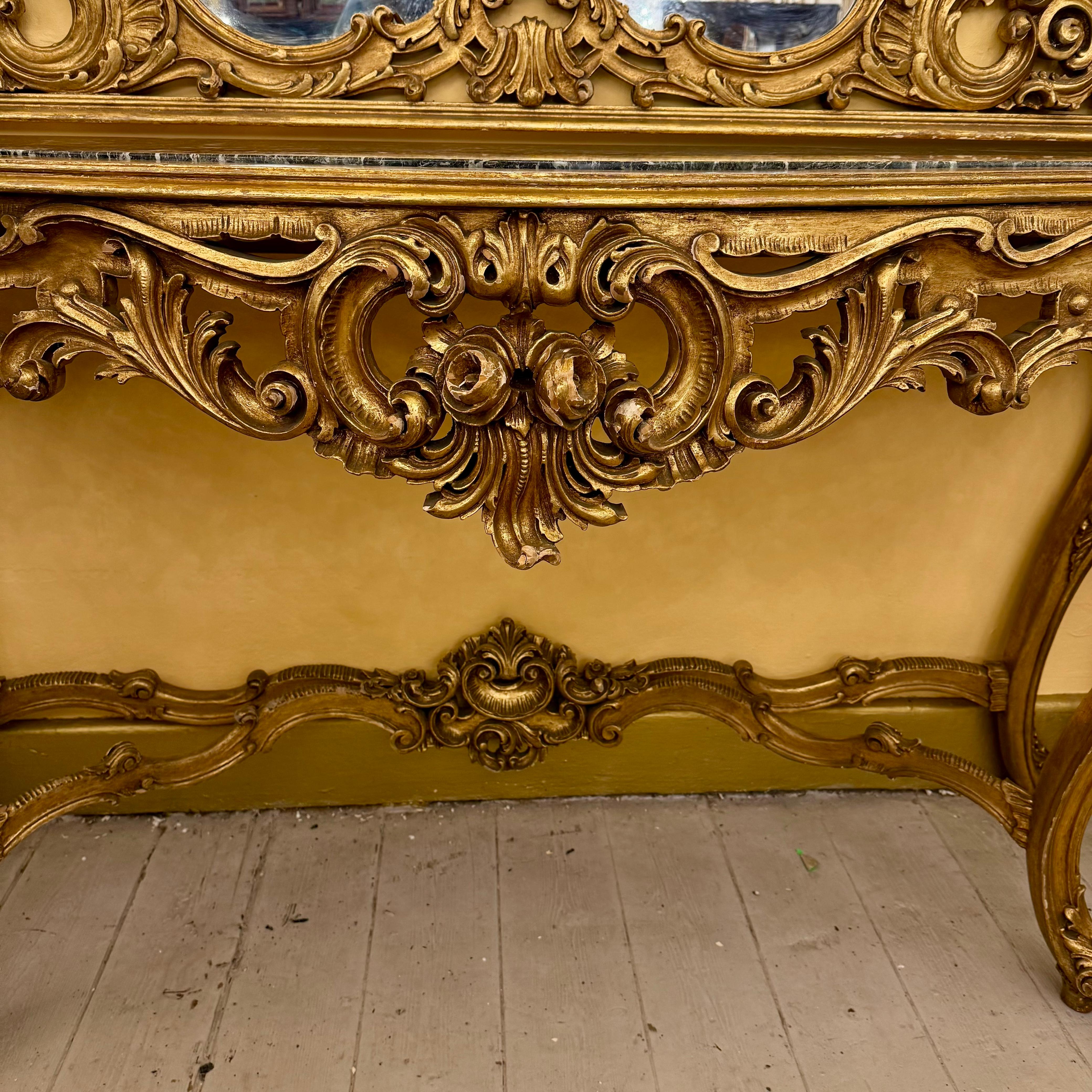 Antique Gilded Rococo Mirror & Marble Topped Console, c.1900