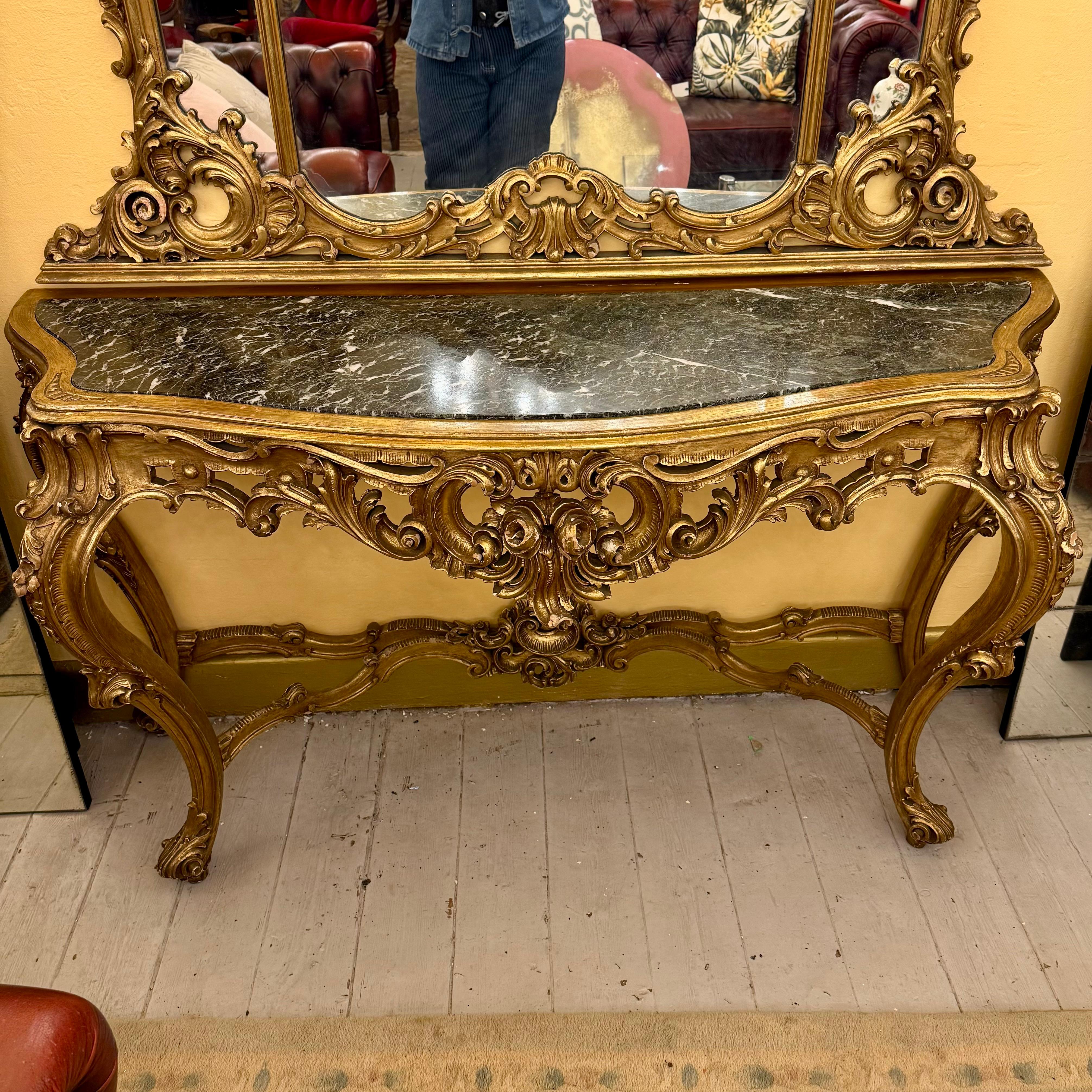Antique Gilded Rococo Mirror & Marble Topped Console, c.1900