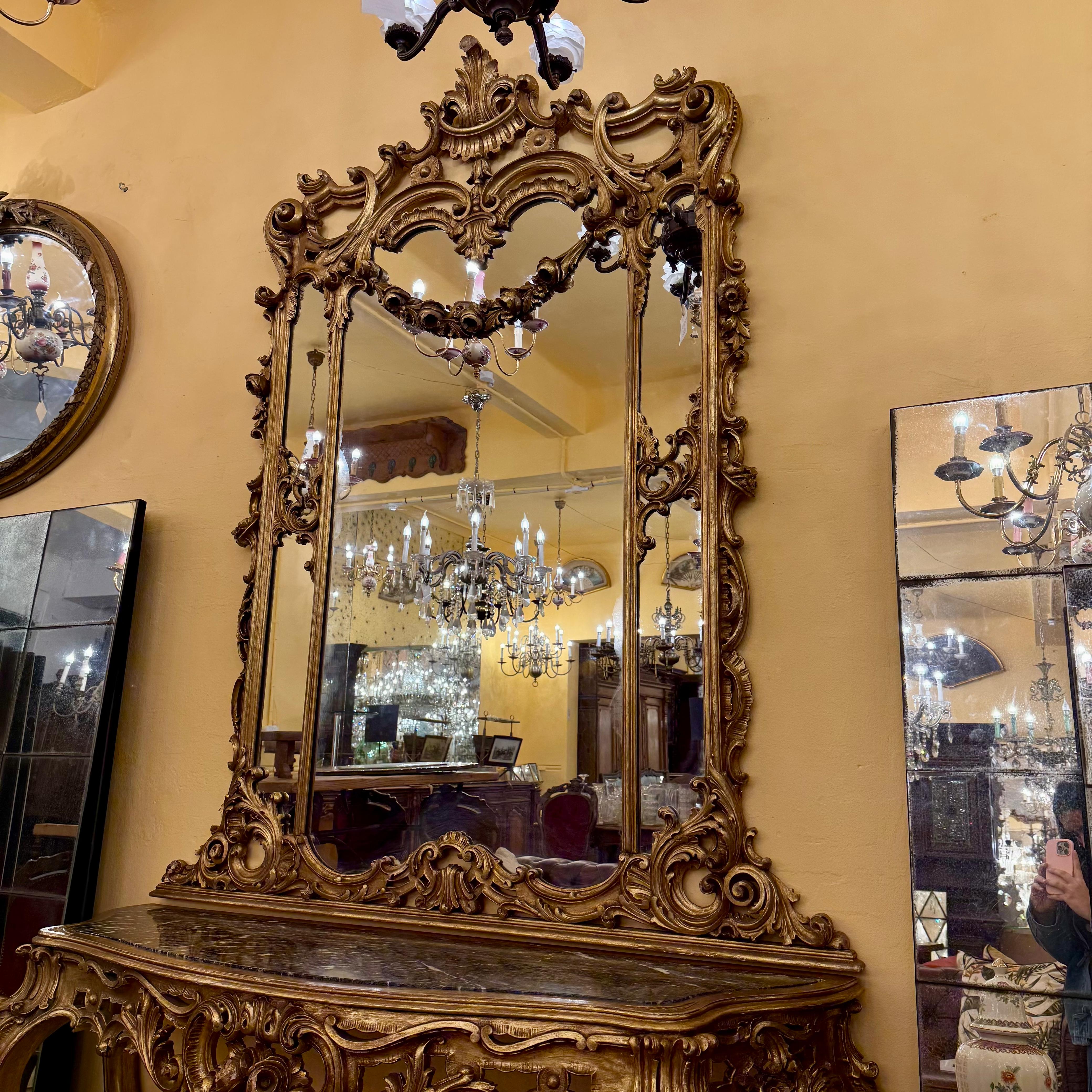 Antique Gilded Rococo Mirror & Marble Topped Console, c.1900