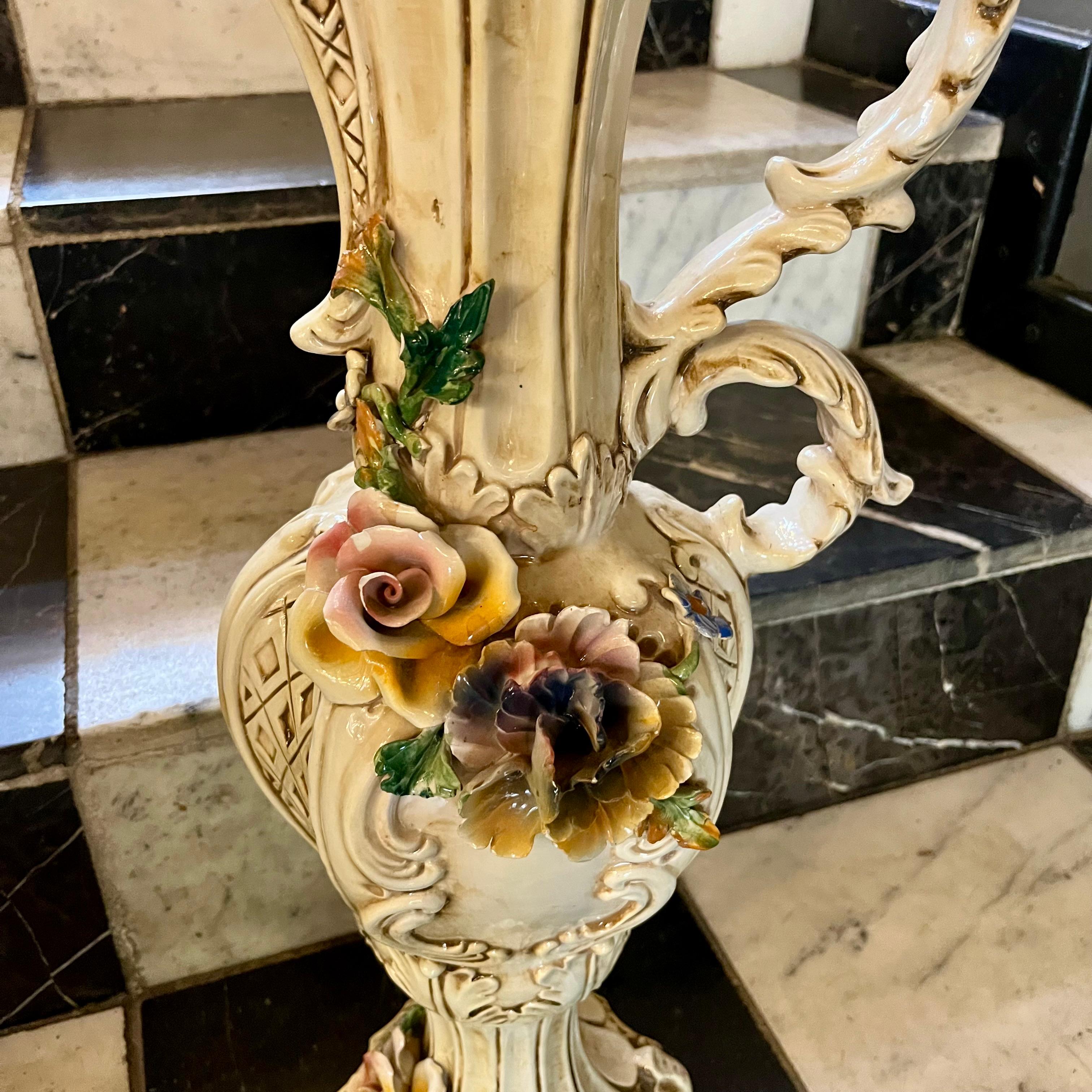 Tall Italian Porcelain Pitcher with Applied Flowers