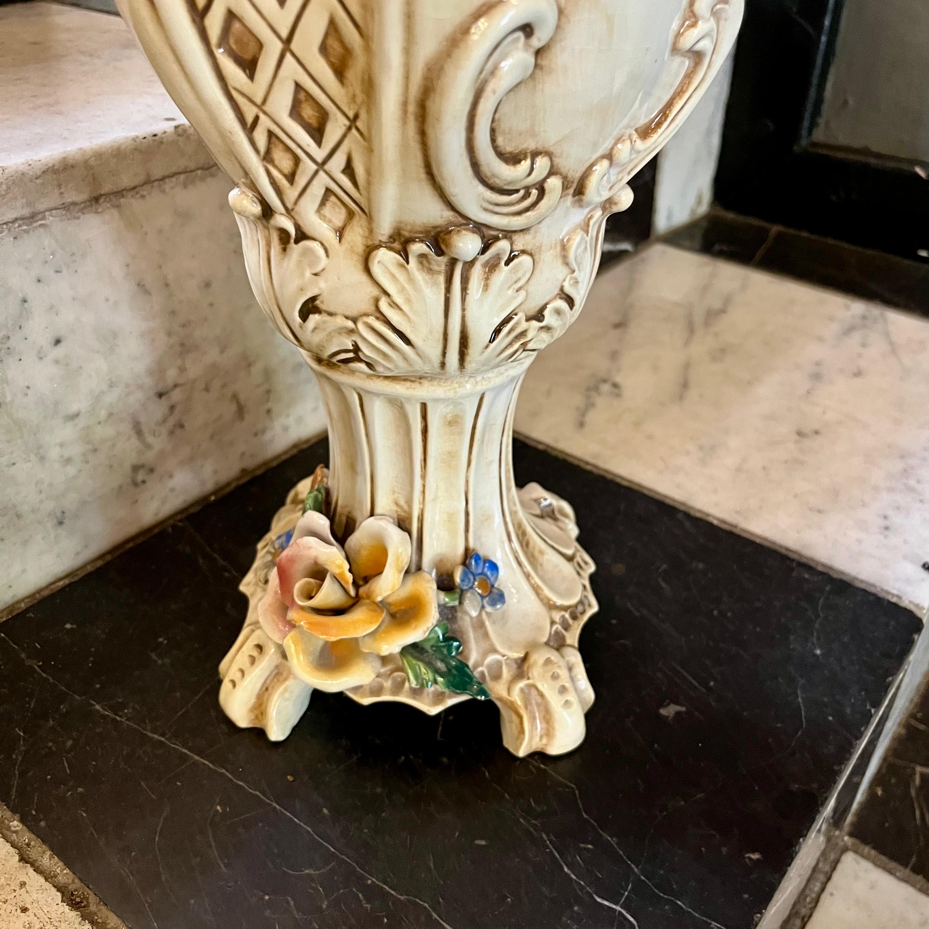 Tall Italian Porcelain Pitcher with Applied Flowers