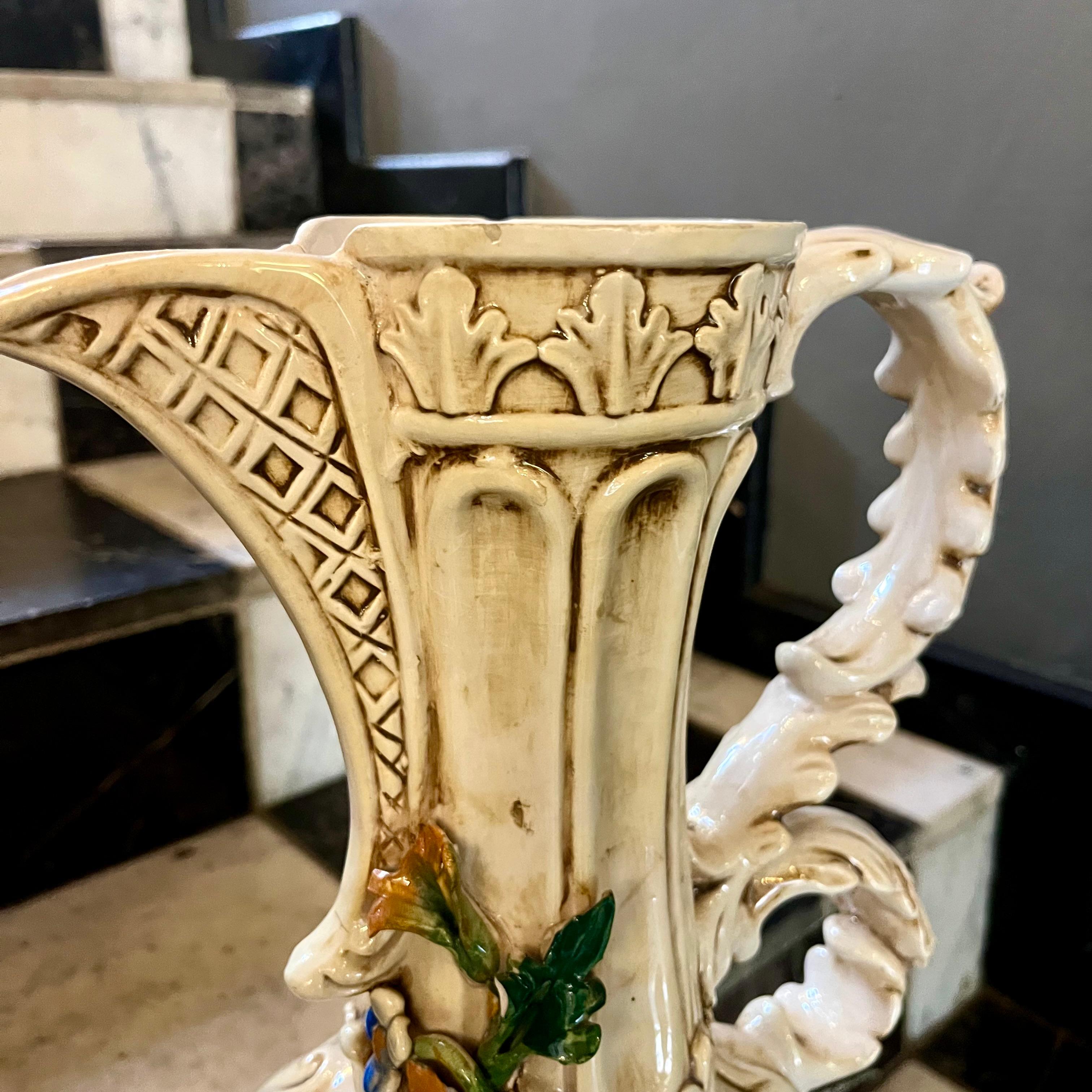 Tall Italian Porcelain Pitcher with Applied Flowers