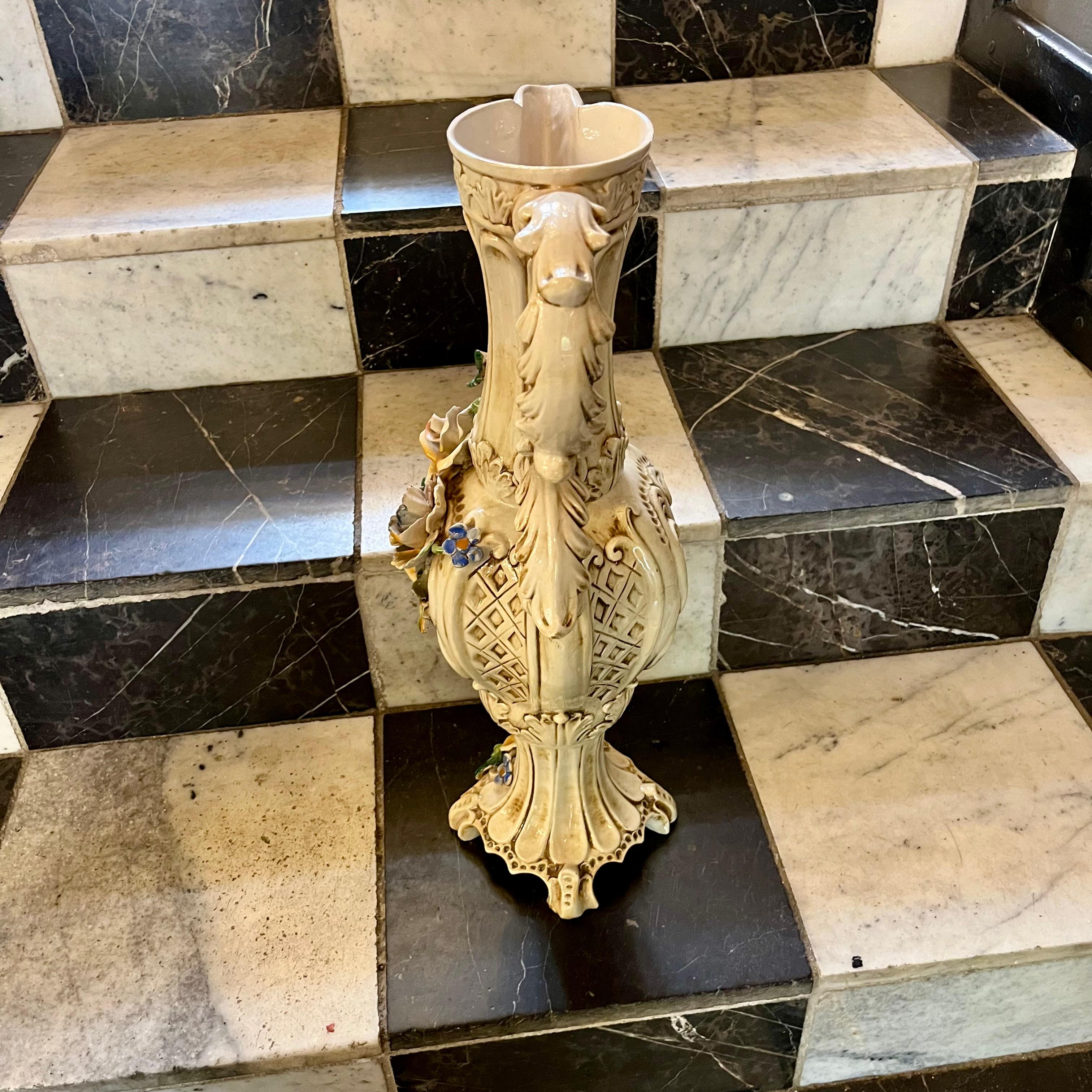 Tall Italian Porcelain Pitcher with Applied Flowers