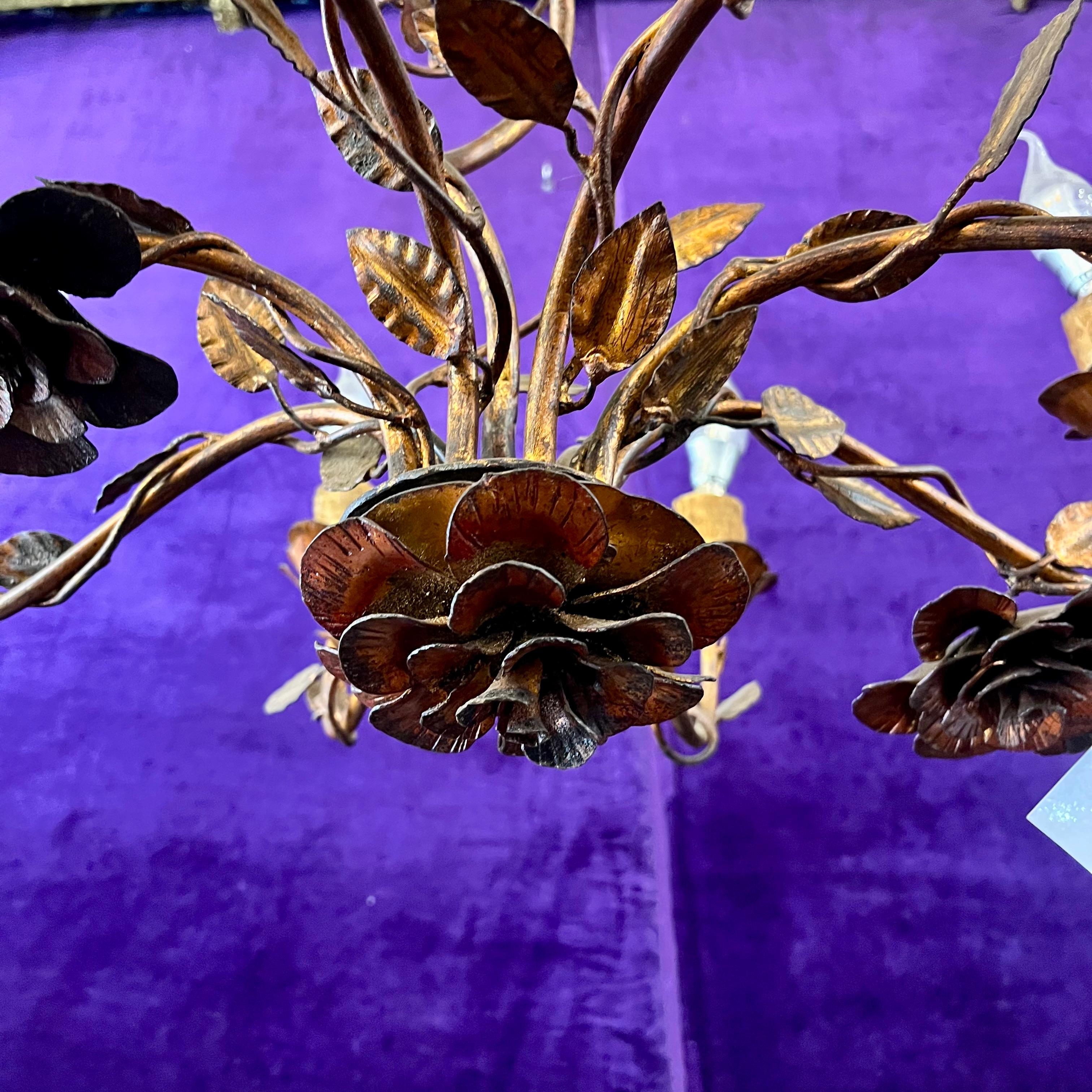 Vintage French Wrought Iron Chandelier with Floral Details