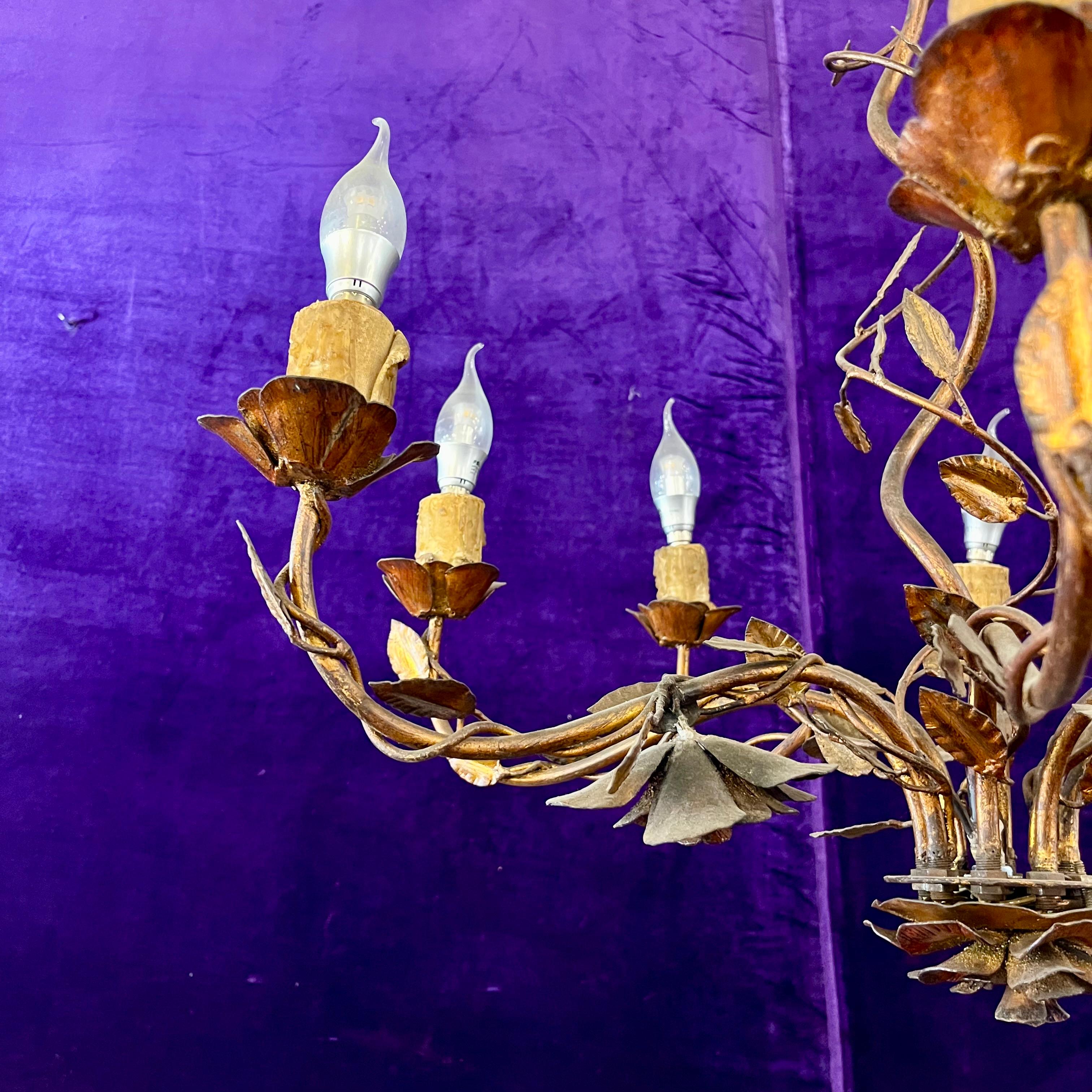 Vintage French Wrought Iron Chandelier with Floral Details