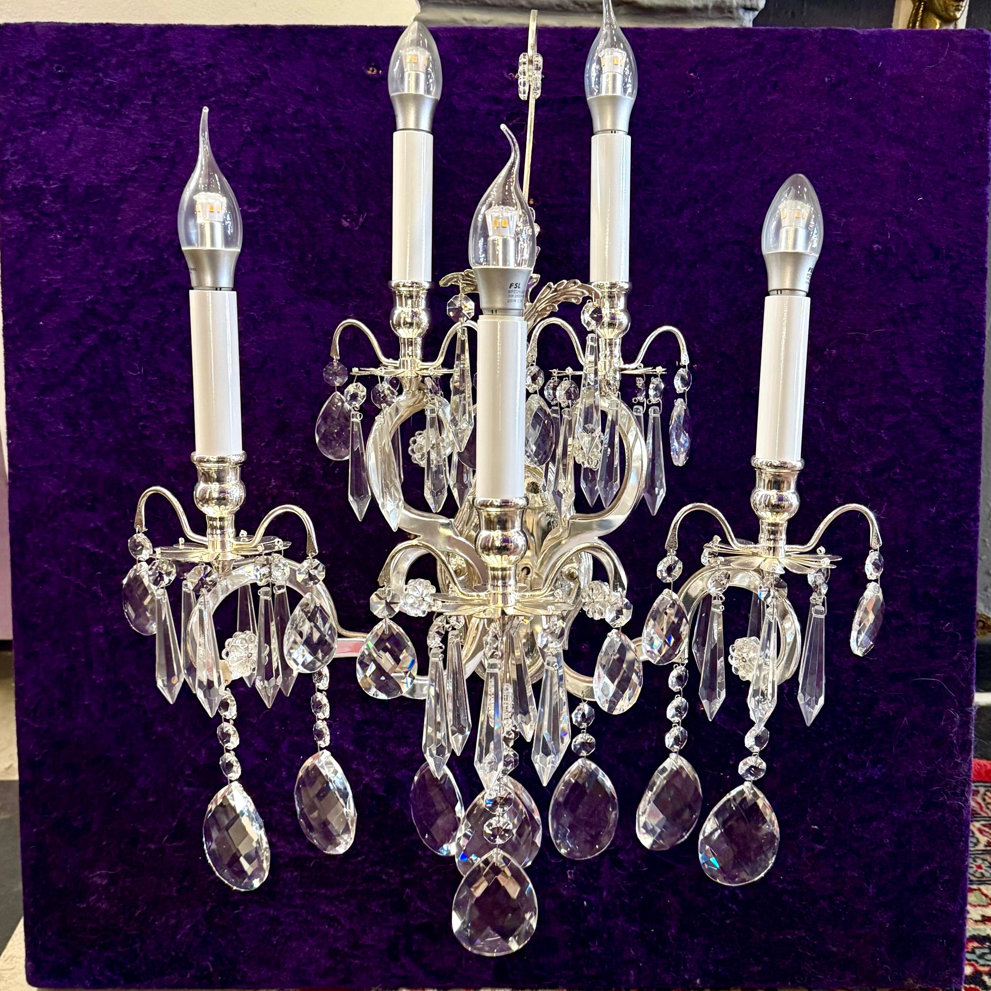 Beautiful 5 Arm Nickel and Crystal Sconce