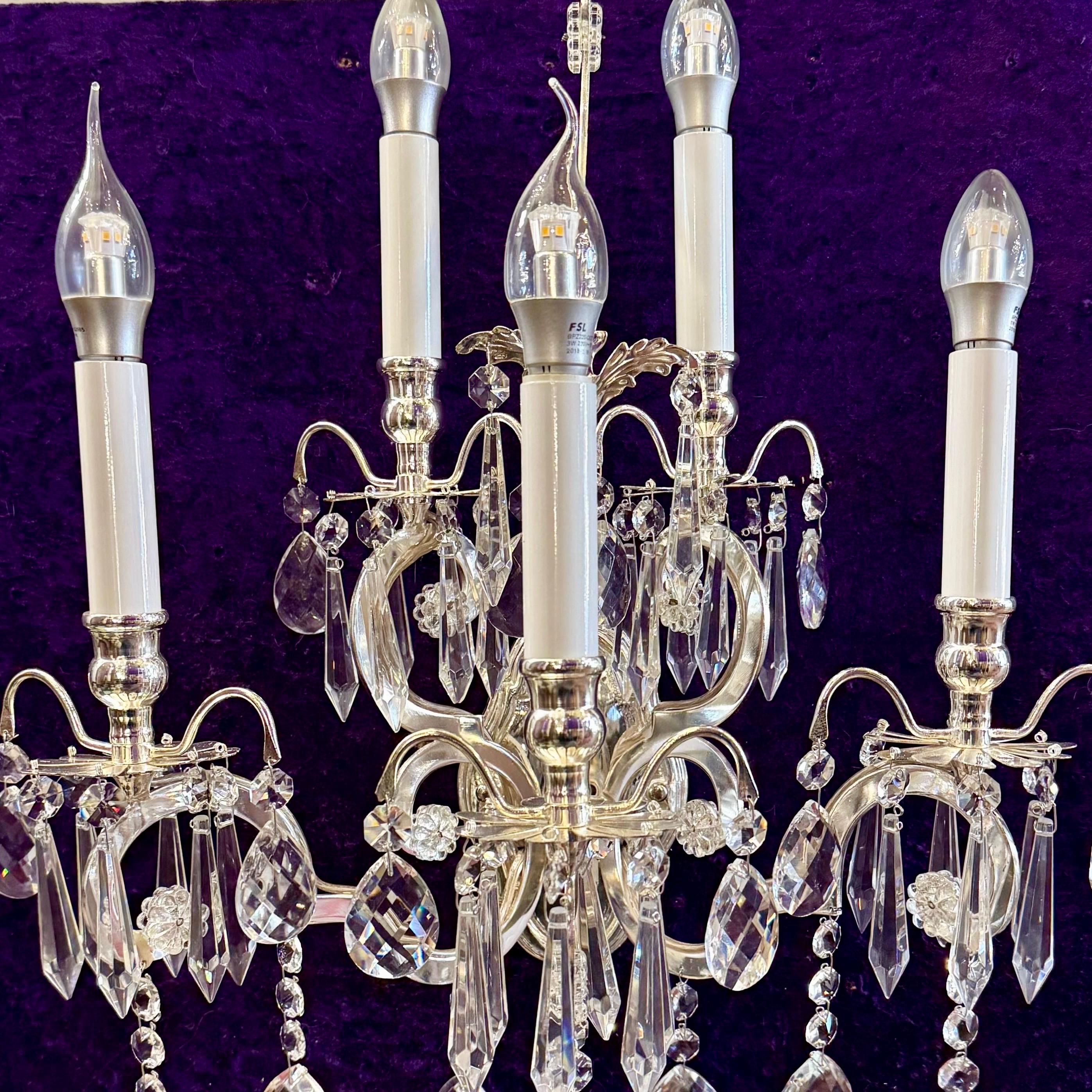 Beautiful 5 Arm Nickel and Crystal Sconce
