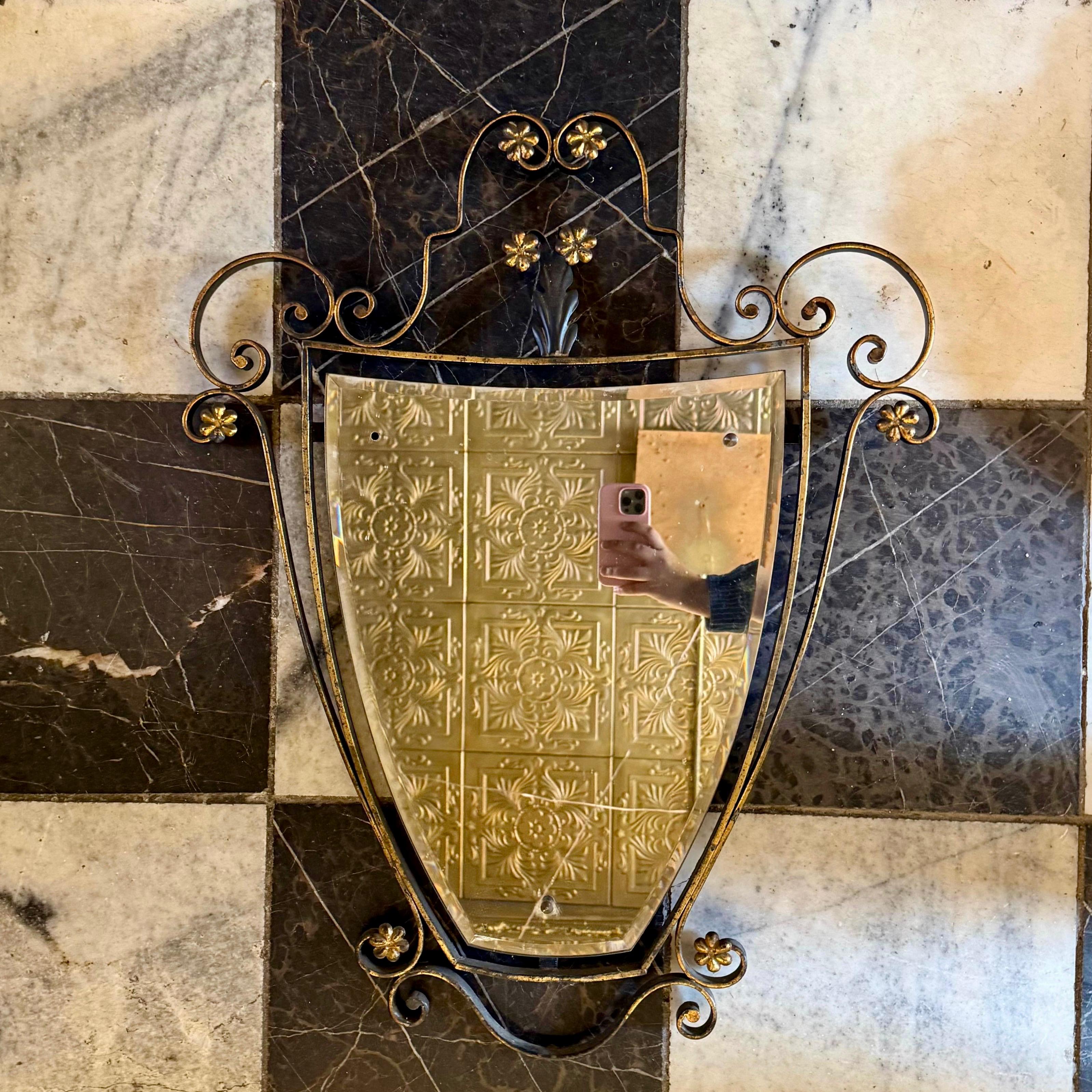 Wrought Iron Shield Mirror and Floral Adornments