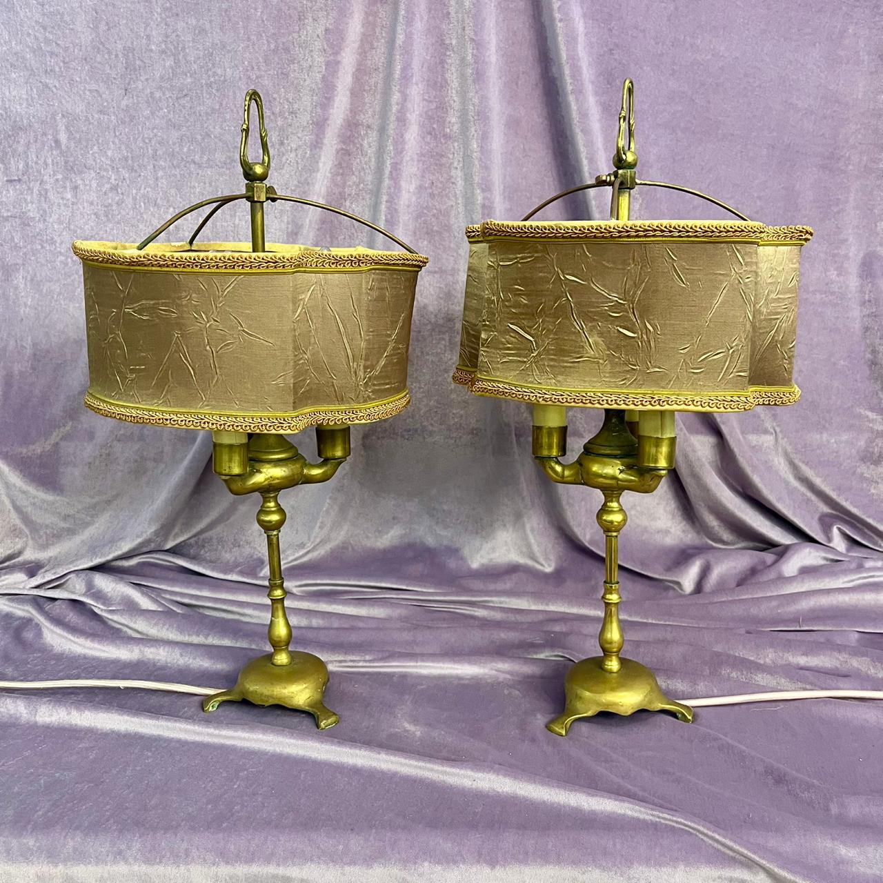 Pair of Antique Brass Lamps with Dusty Mauve Shade