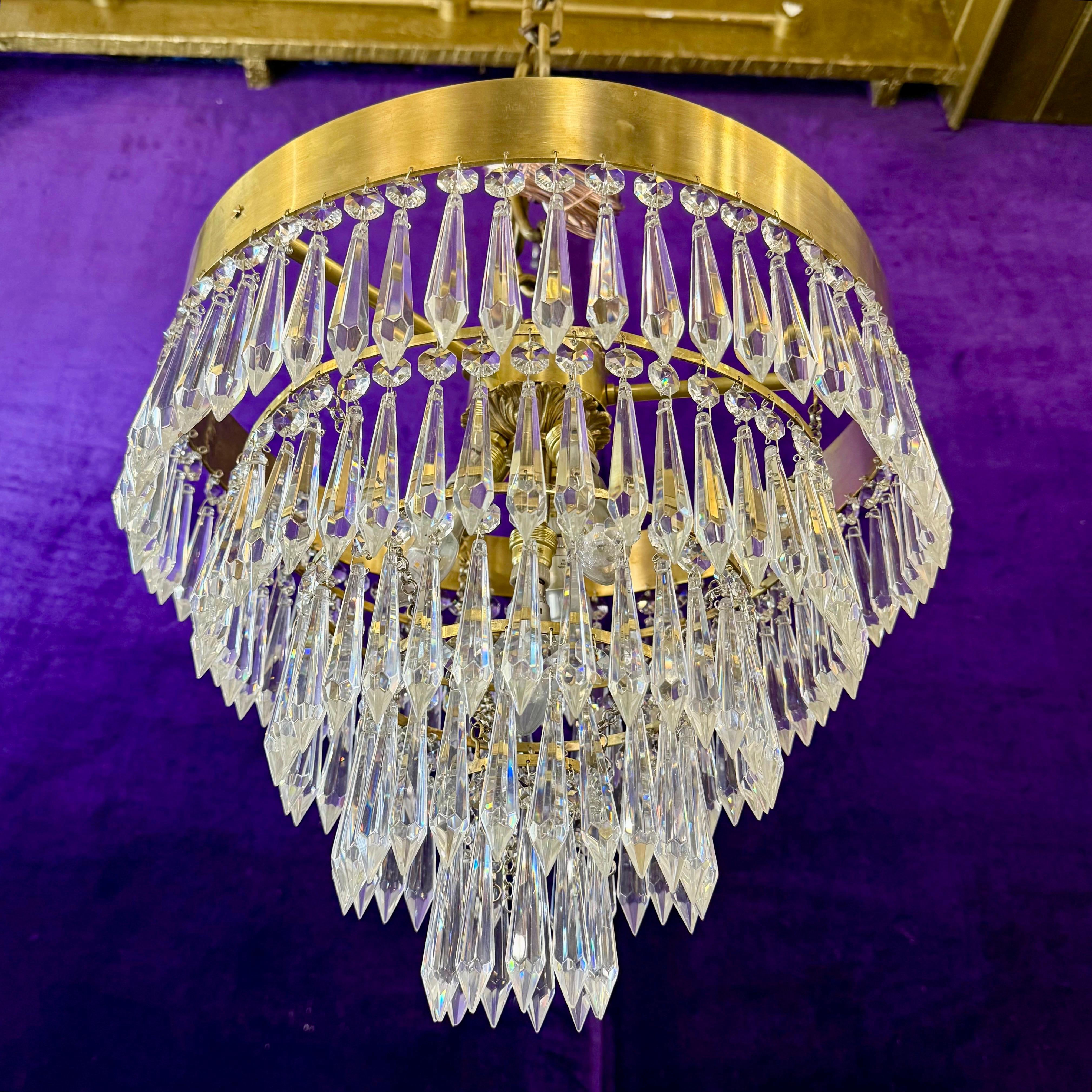 Delos Custom Waterfall Chandelier with Polished Brass Band and Spear Crystals