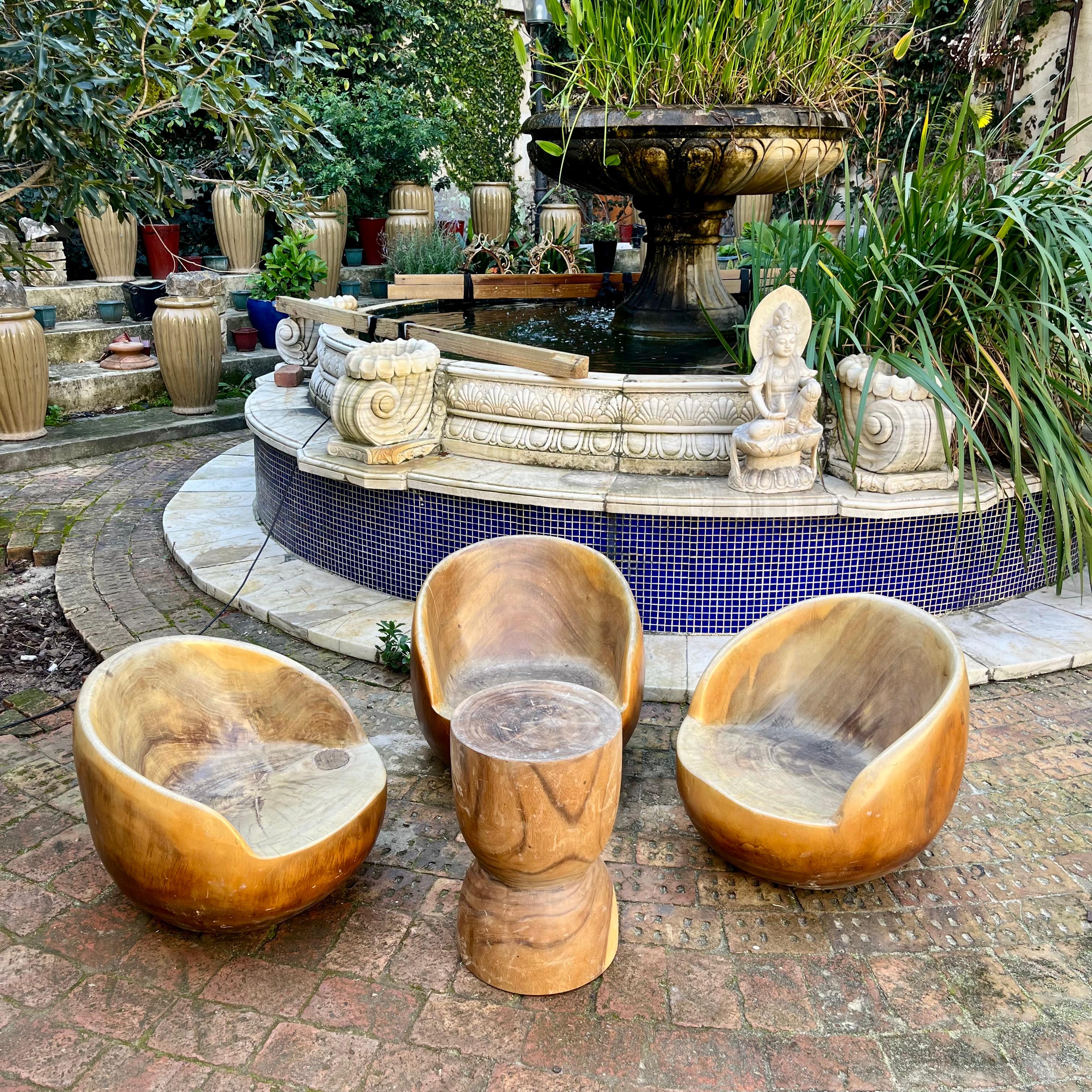 Carved Wooden Tub Chairs and Retro Wood Table