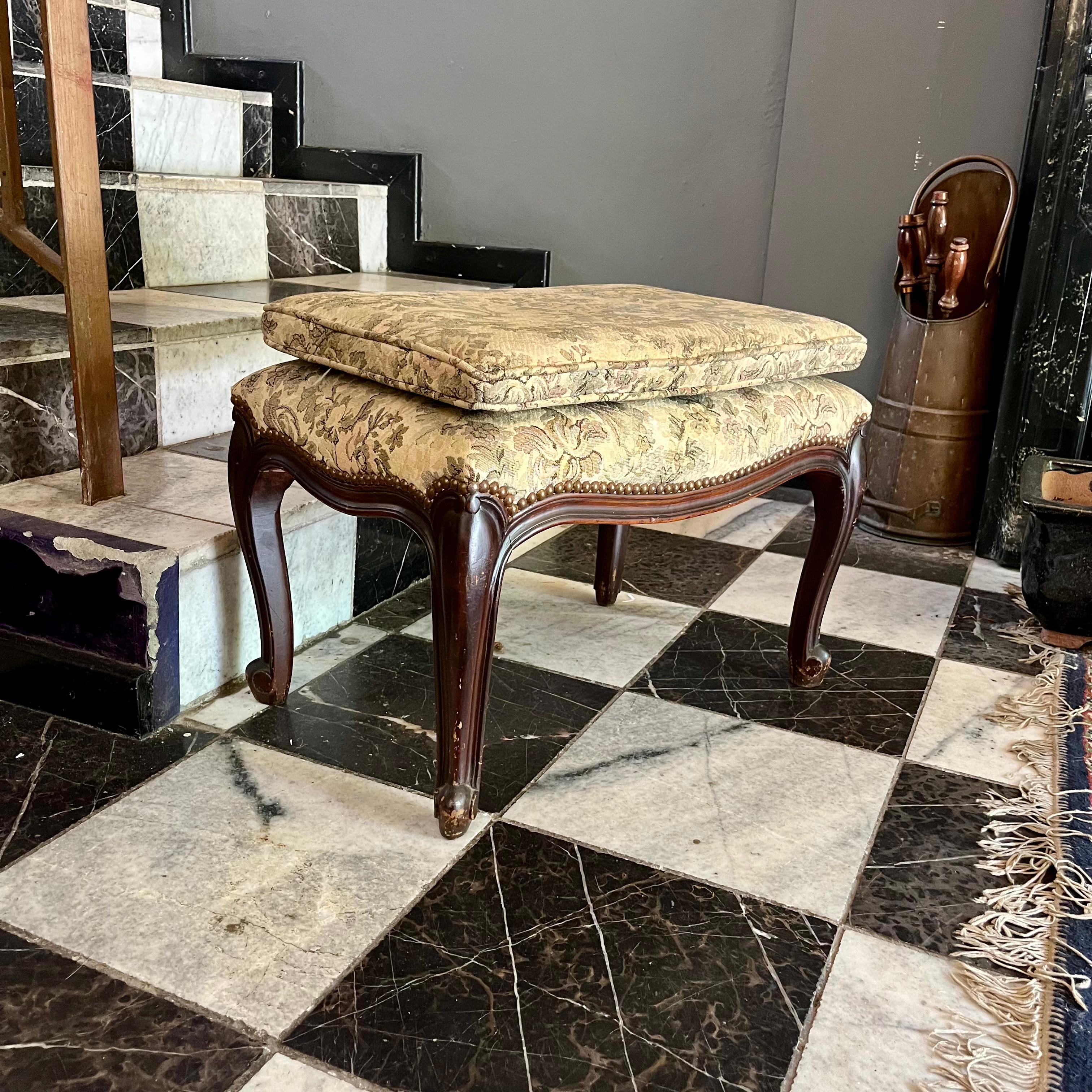 Antique Carved Oak Piano Stool with Brass Studded Floral Upholstery