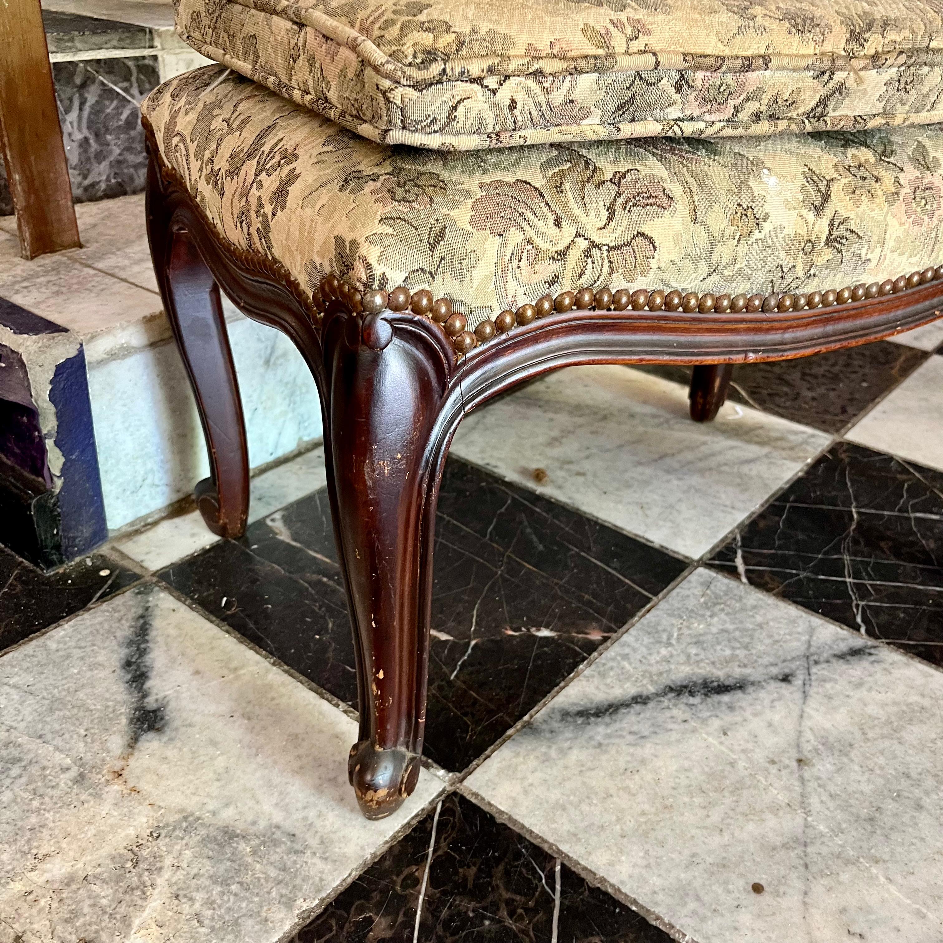 Antique Carved Oak Piano Stool with Brass Studded Floral Upholstery
