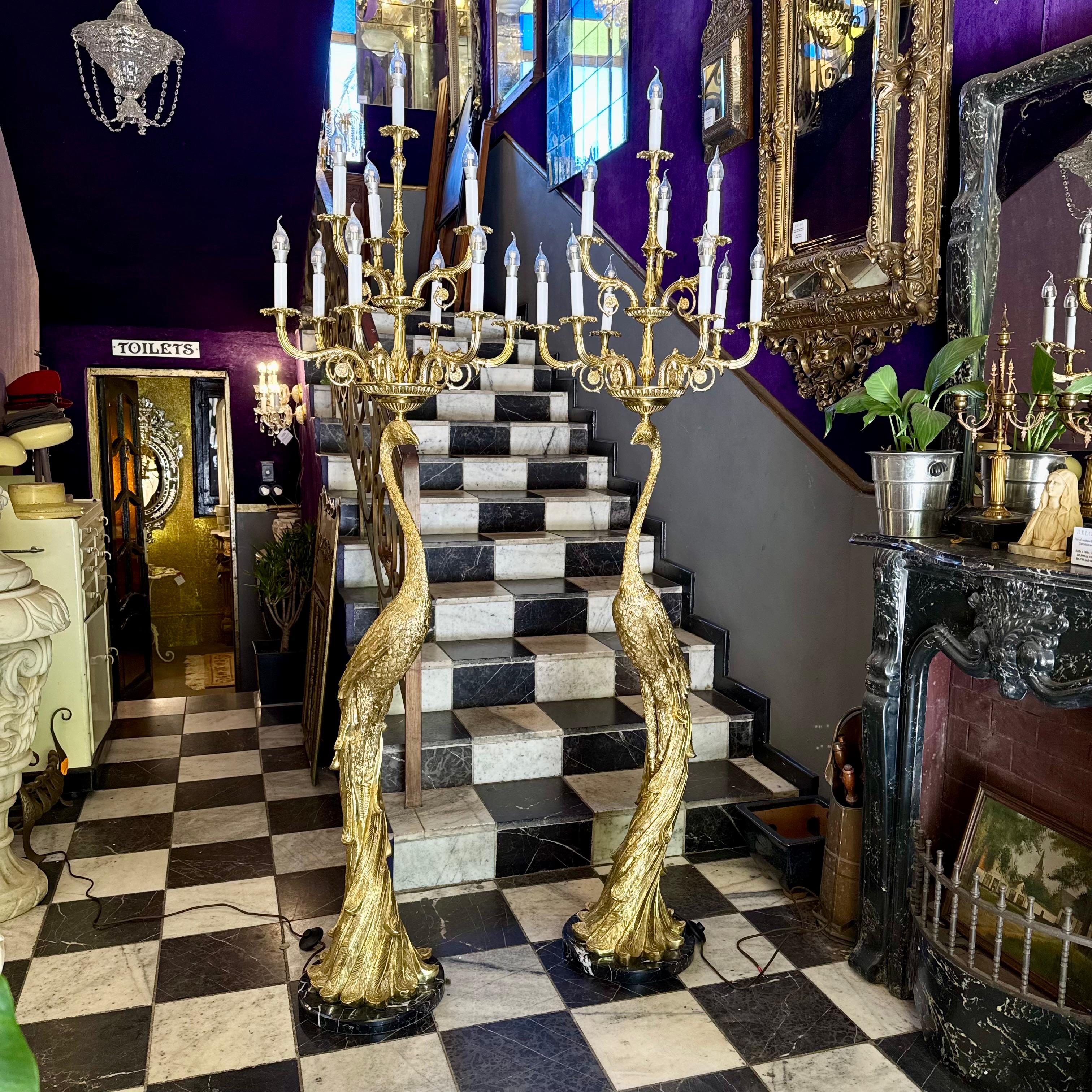 Pair of Brass Peacock Standing Lamps