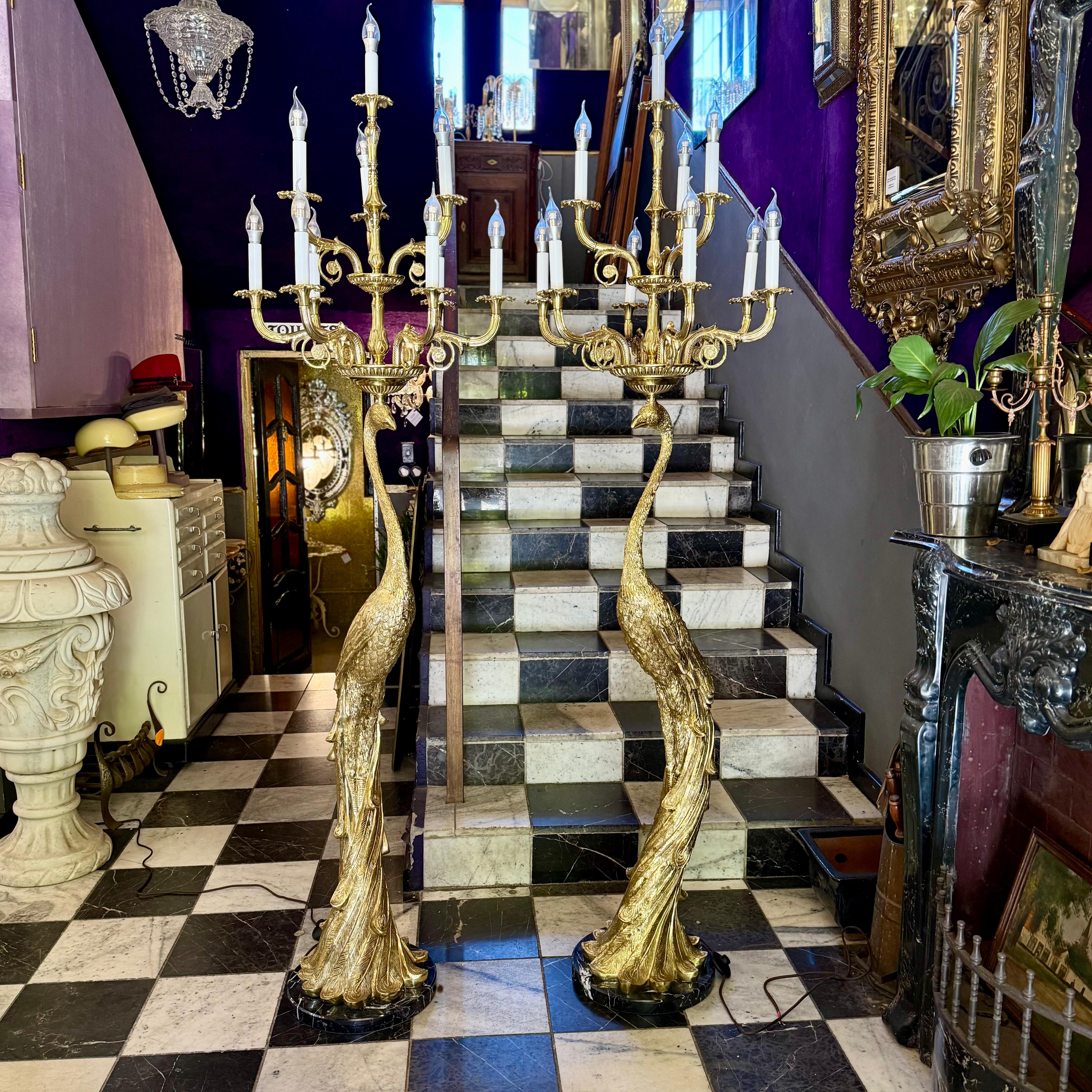 Pair of Brass Peacock Standing Lamps