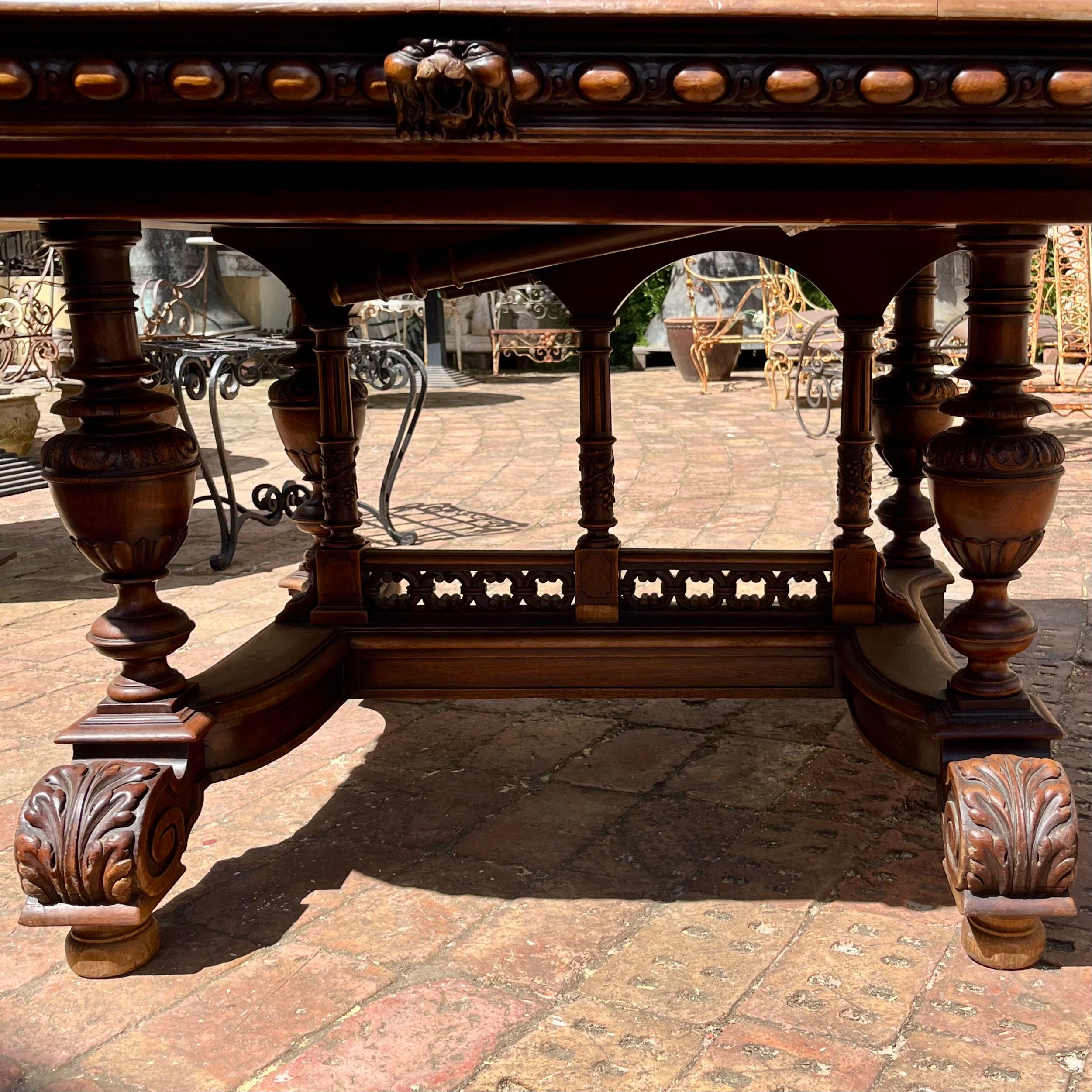 Large Antique Oak Dining Table with Carved Detailing, Late 19th Century
