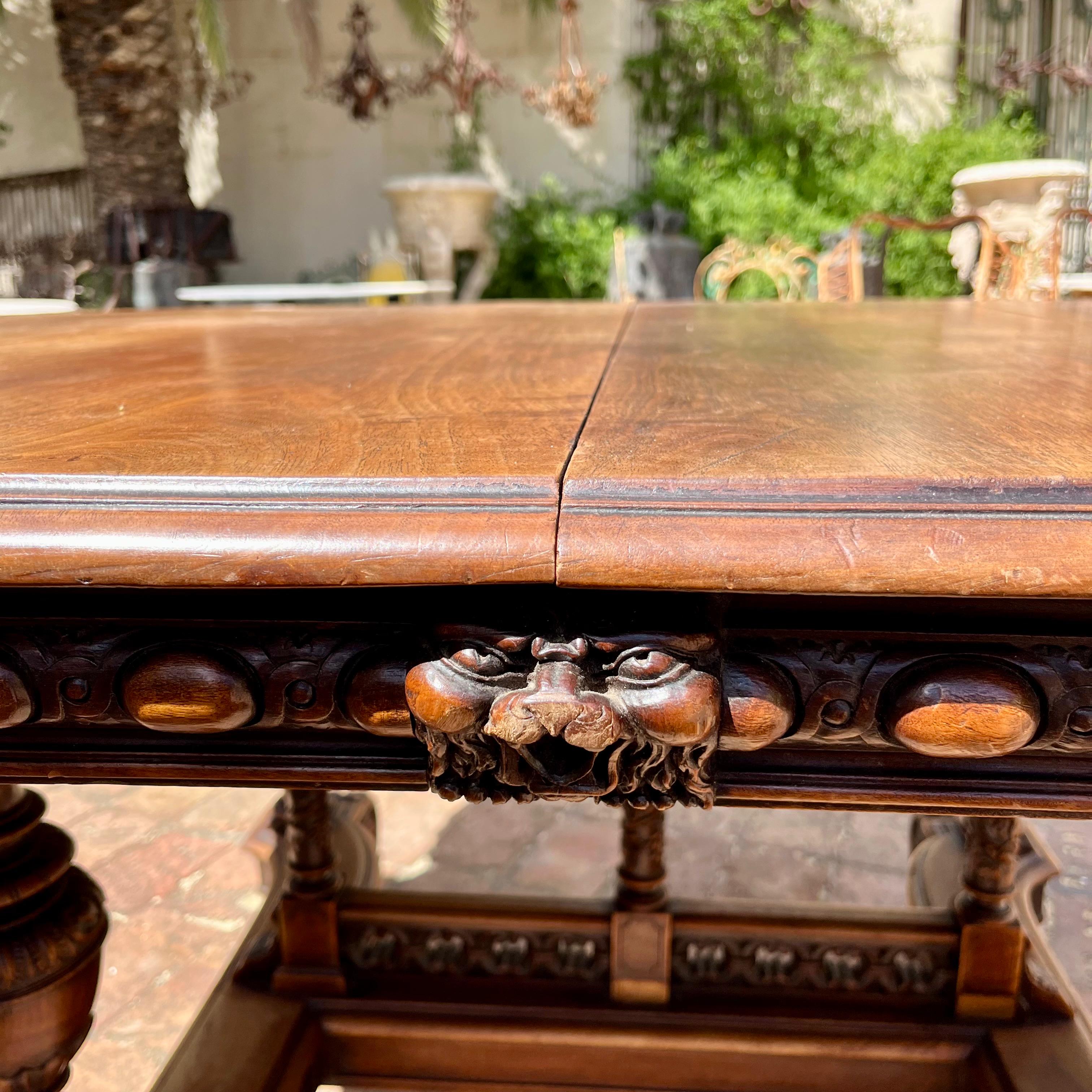 Large Antique Oak Dining Table with Carved Detailing, Late 19th Century