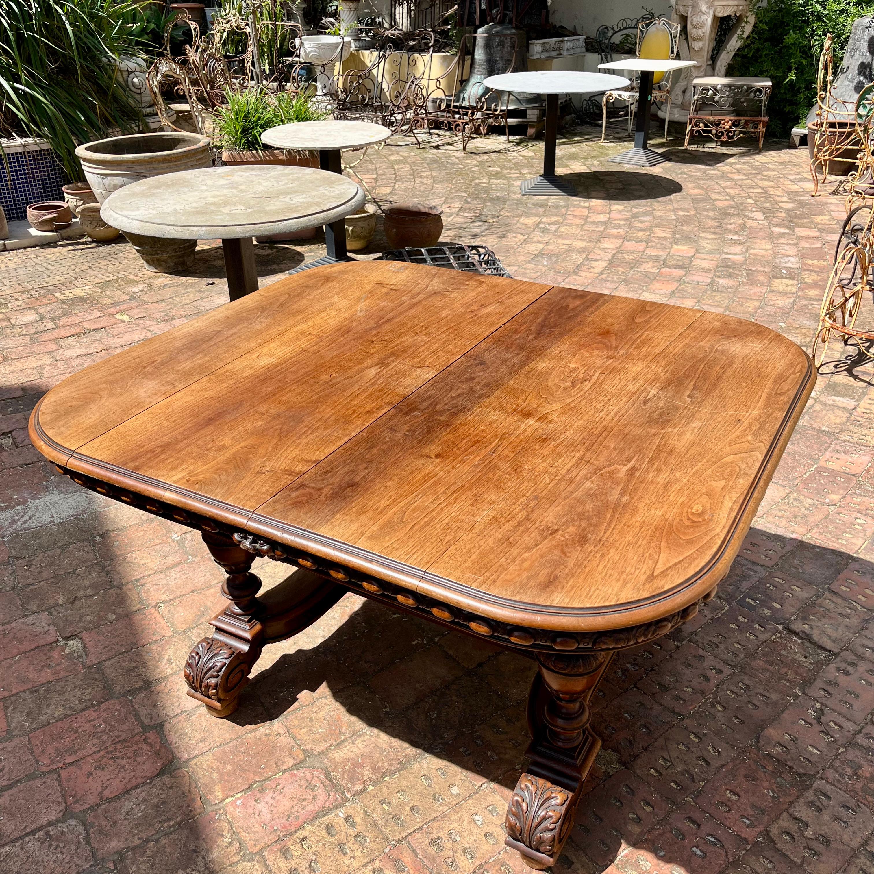 Large Antique Oak Dining Table with Carved Detailing, Late 19th Century