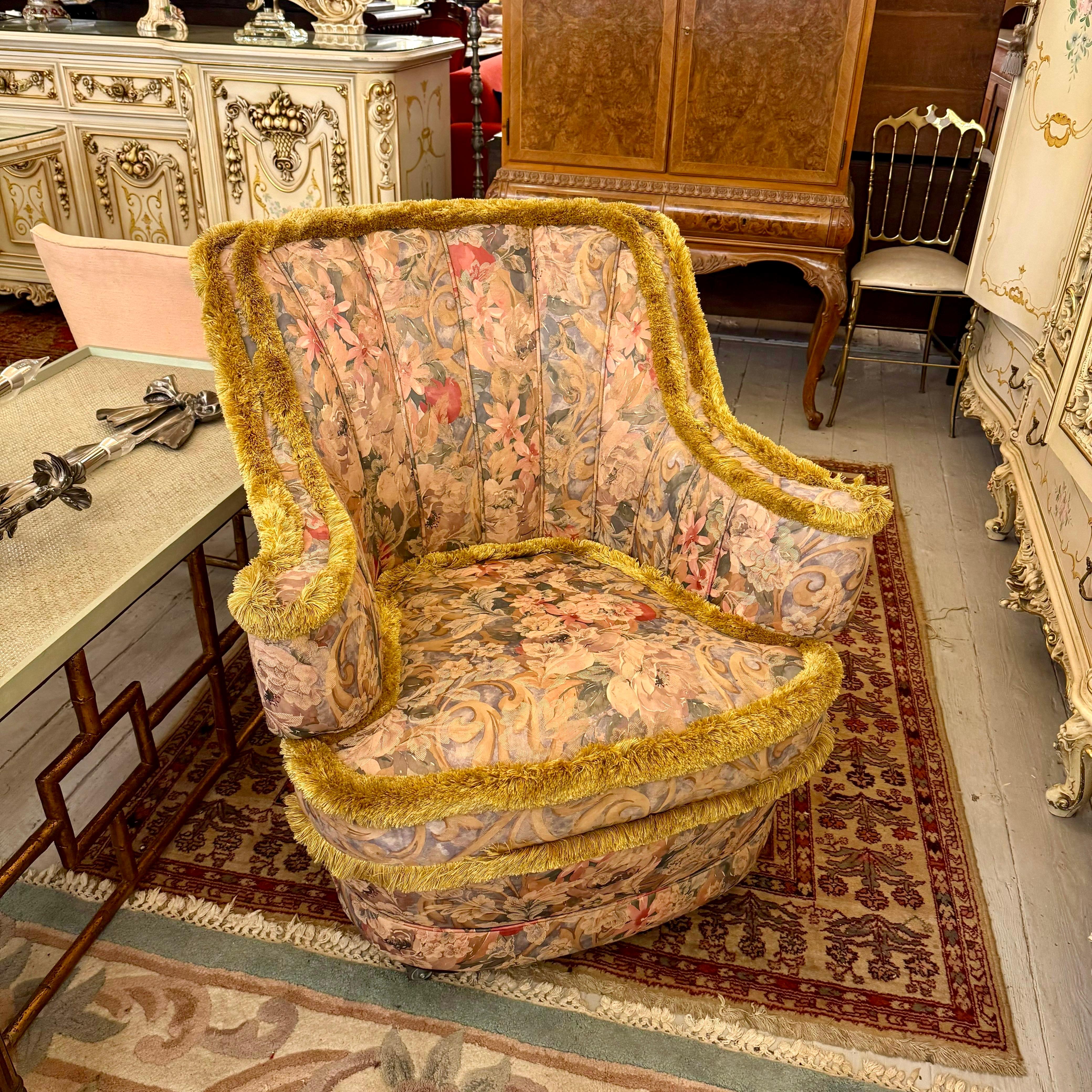 Vintage Floral Lounge Chair with Fringe Detailing