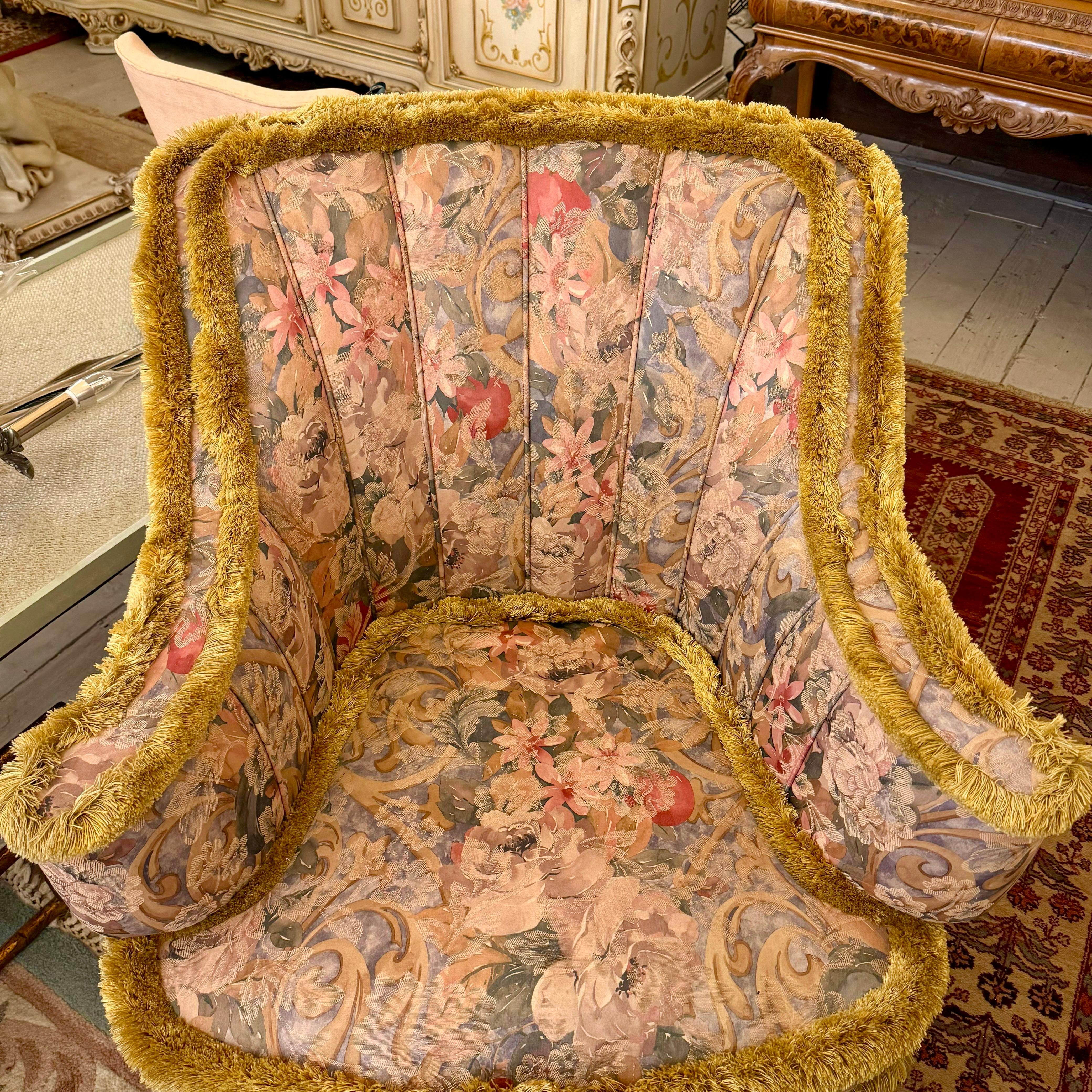 Vintage Floral Lounge Chair with Fringe Detailing